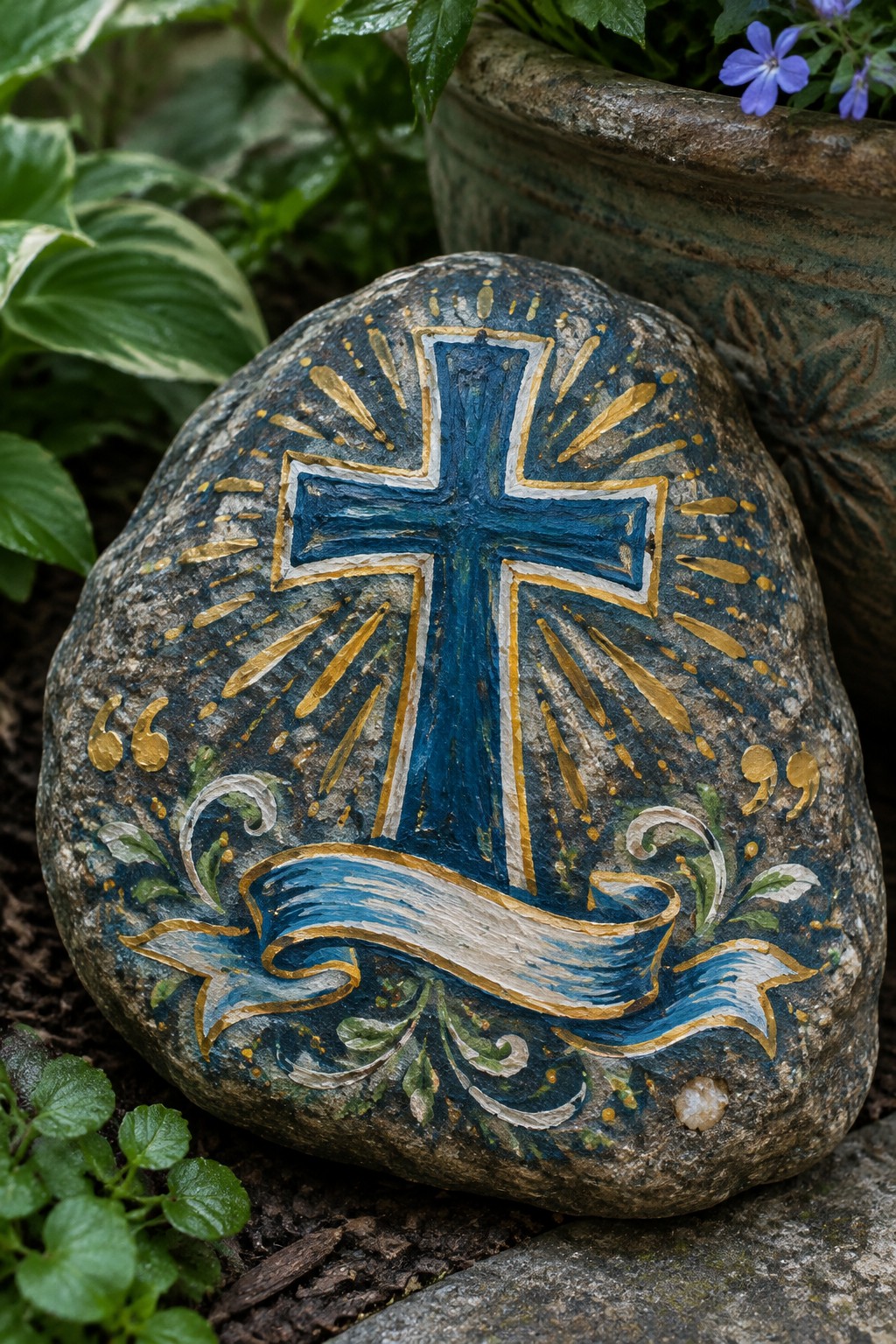 Painted garden rock with blue cross, gold rays, and ribbon banner amid plants