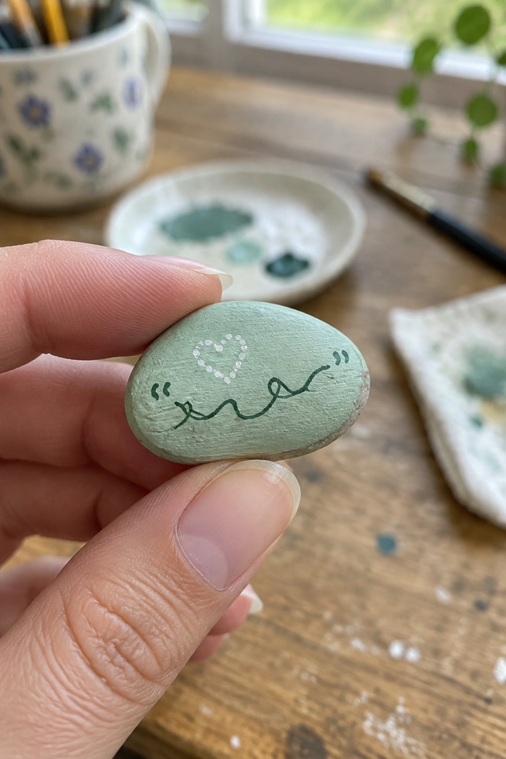 Hand holding light green painted stone with white dotted heart and green squiggles