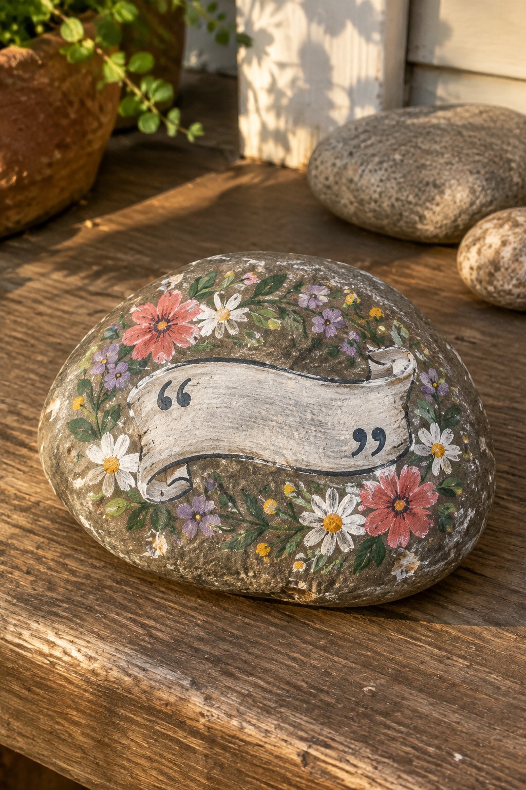 Painted rock with floral wreath and white quote banner on wooden surface