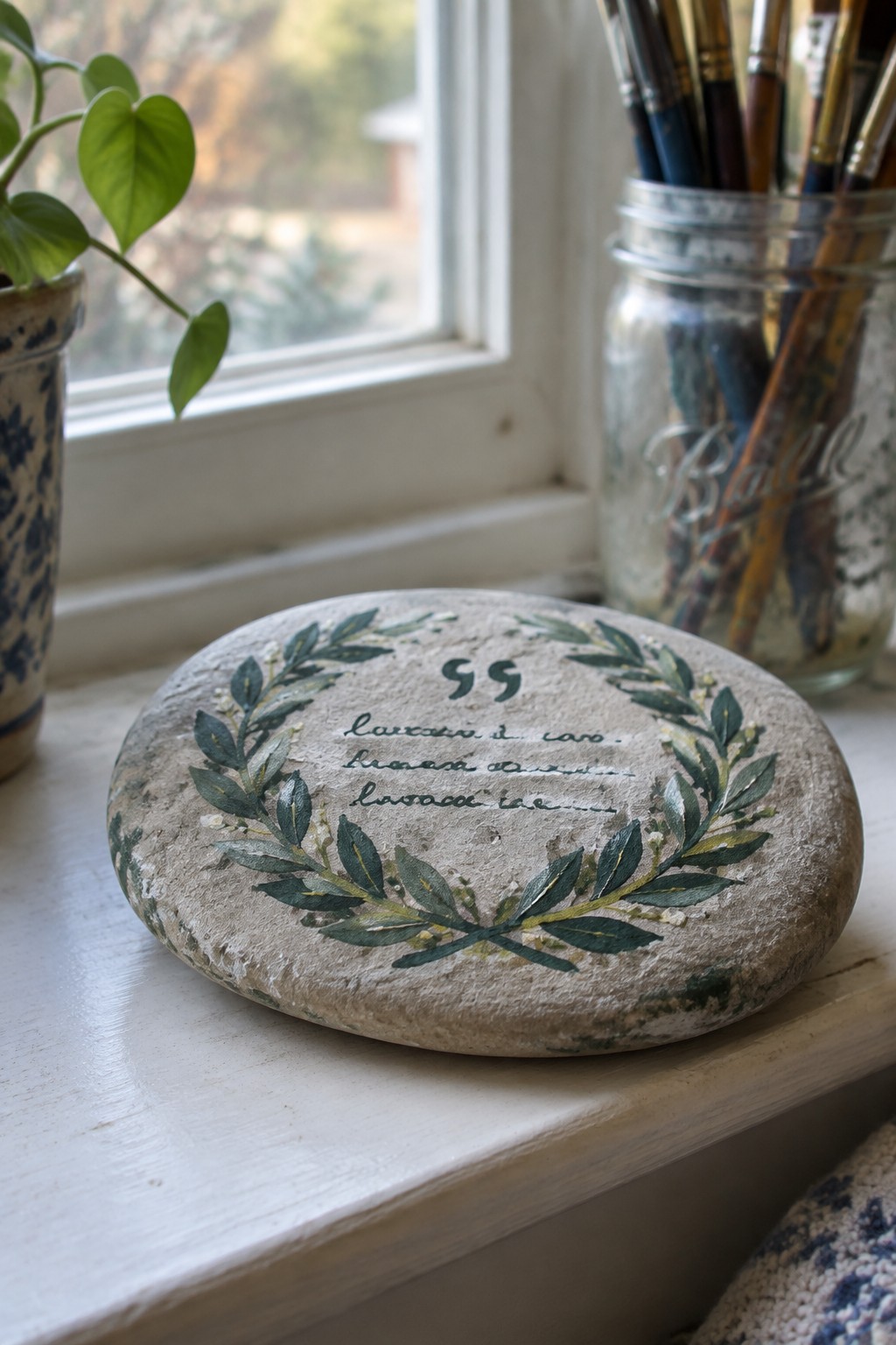Painted stone with green wreath and 99 on windowsill beside plant and brushes