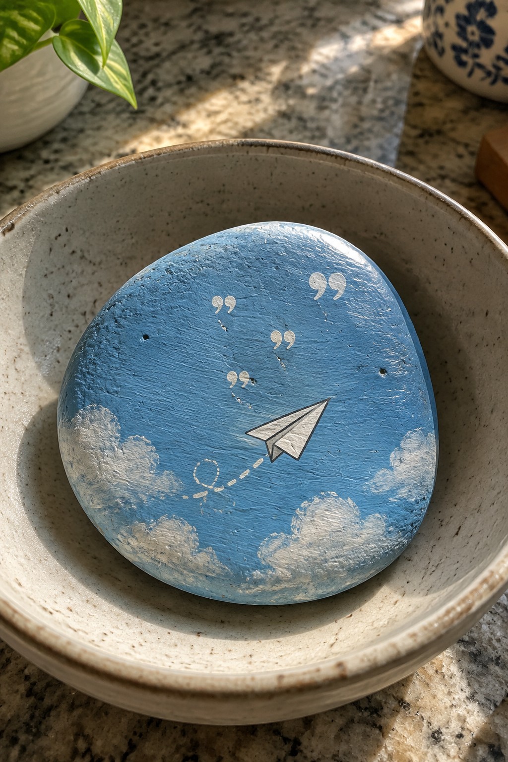 Blue painted rock with paper airplane, clouds and quotes in ceramic bowl
