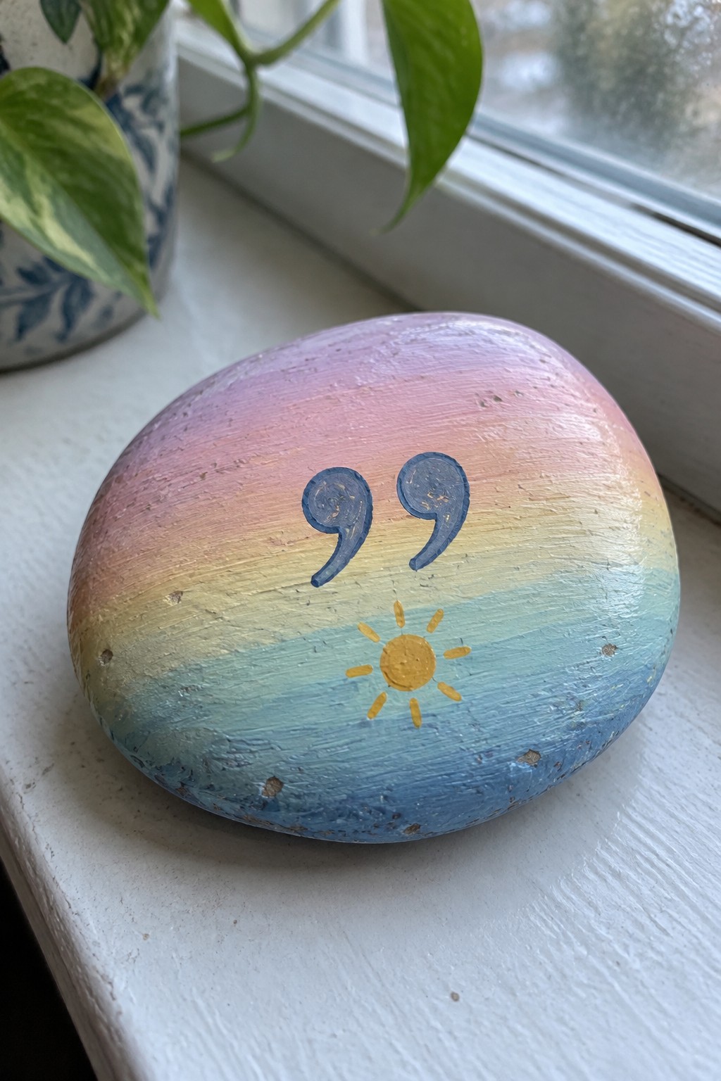 Rainbow-painted rock with blue quotation marks and yellow sun on windowsill
