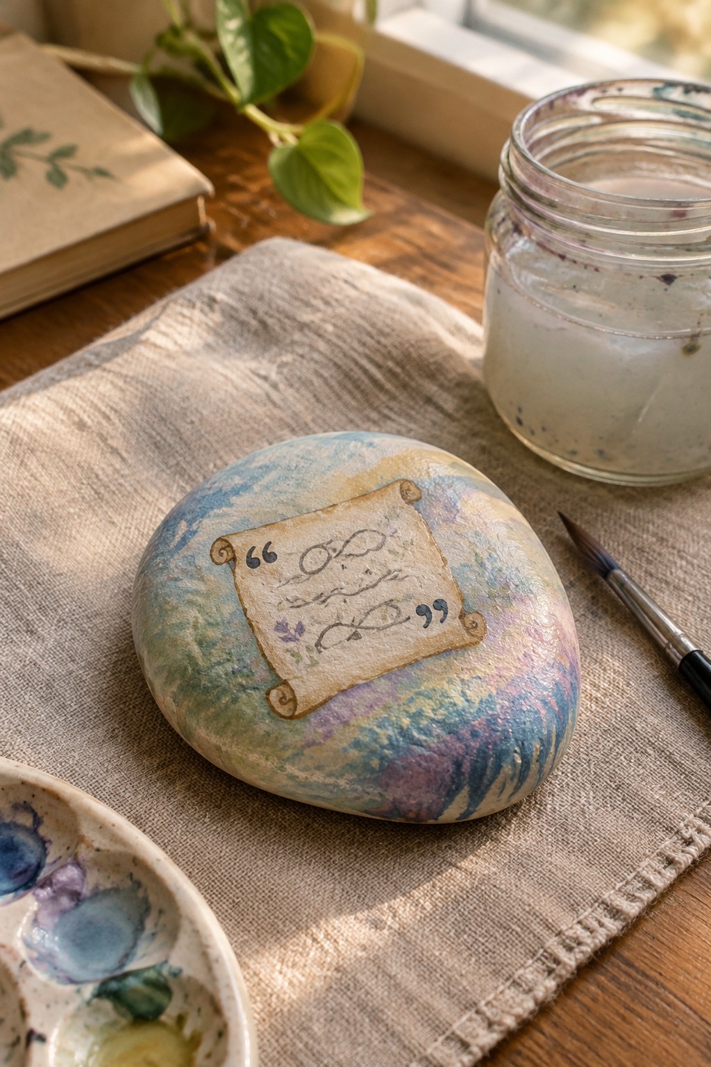 A smooth round rock with a watercolor wash and central scroll quote sits on fabric next to a paint jar and brush.