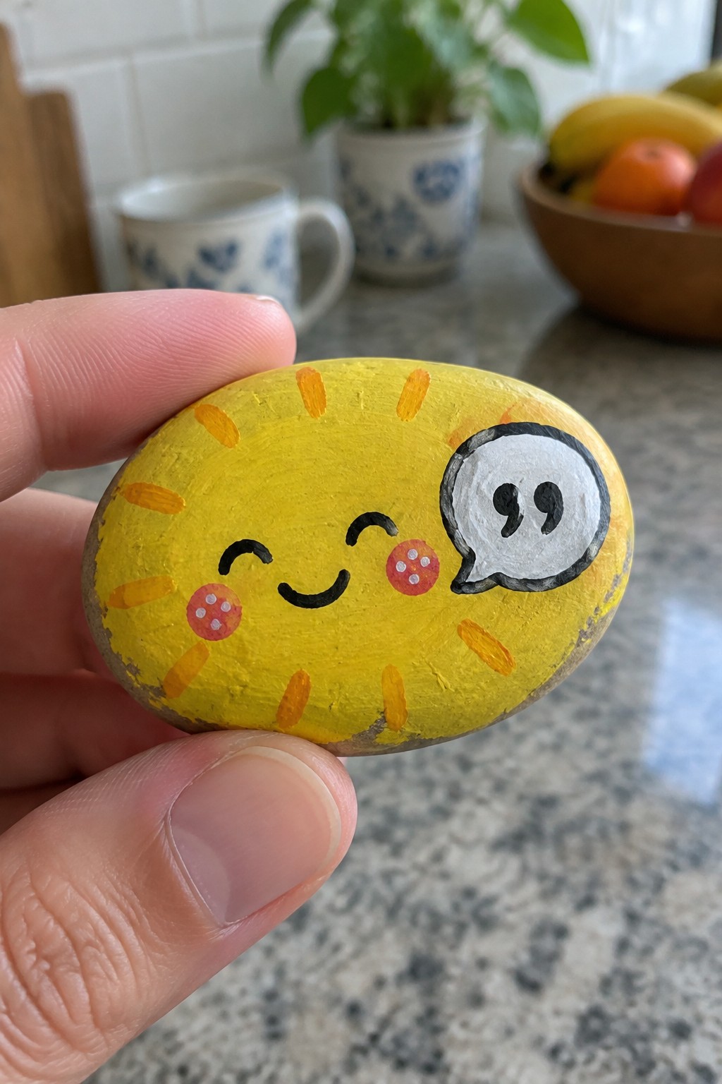 Hand holding yellow rock painted as smiling sun with orange rays and speech bubble