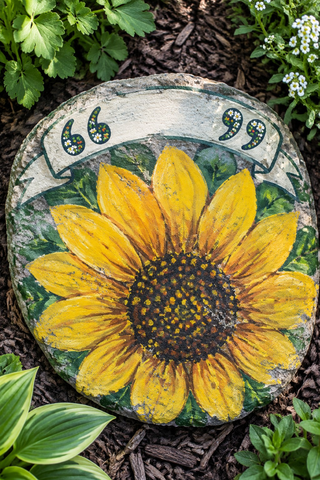Painted round stone with large yellow sunflower, green leaves, and floral quotation marks