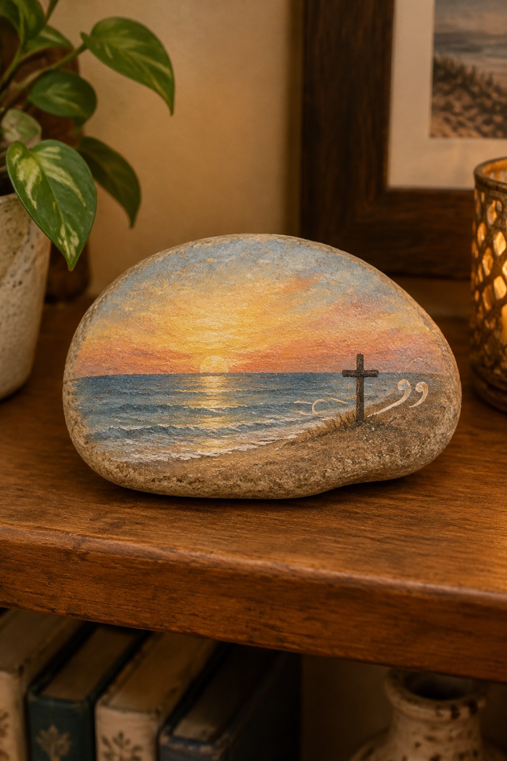 Painted rock with ocean sunset, waves, and cross on sandy beach at dusk