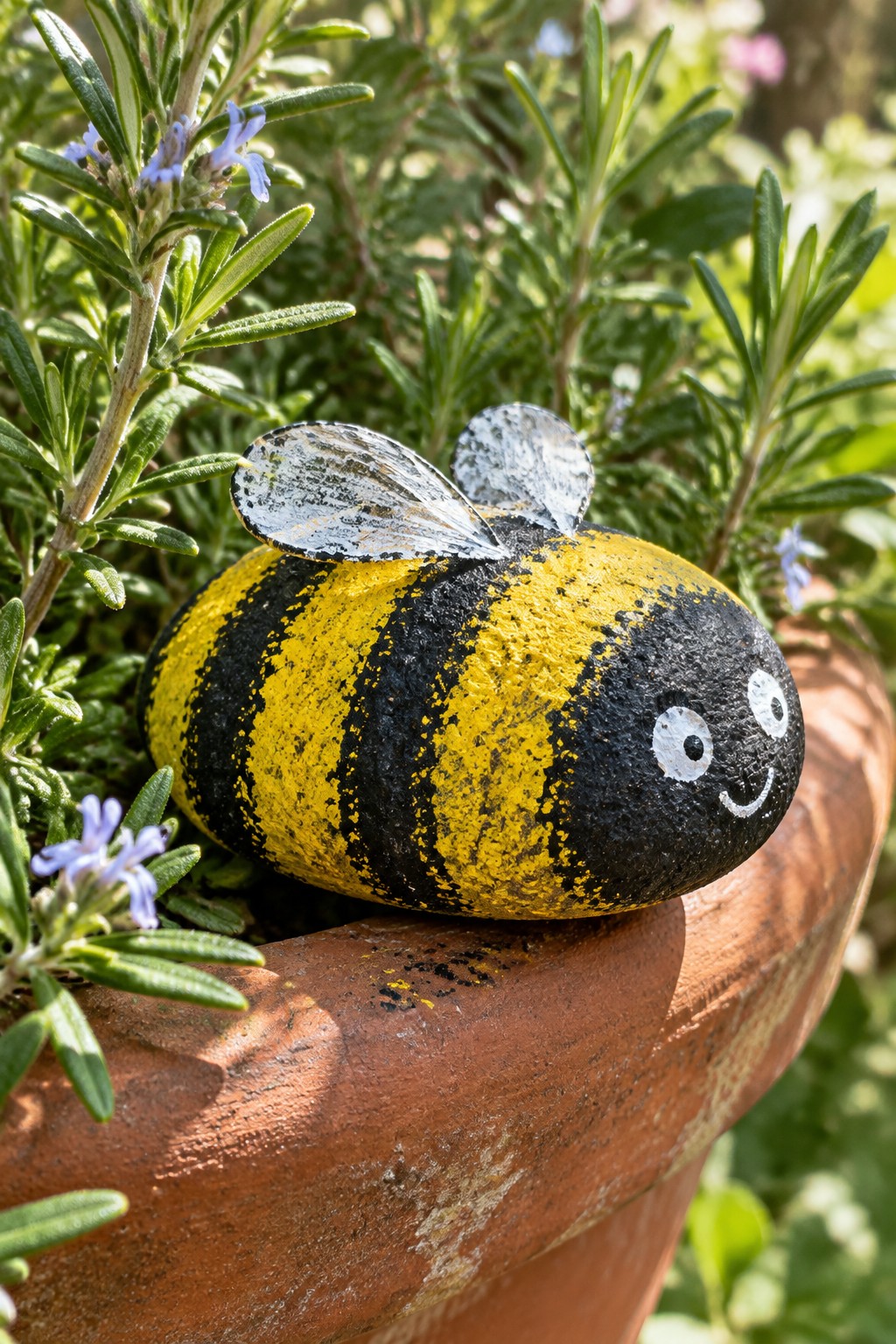 Painted stone bumblebee with yellow-black stripes and wings on terracotta pot