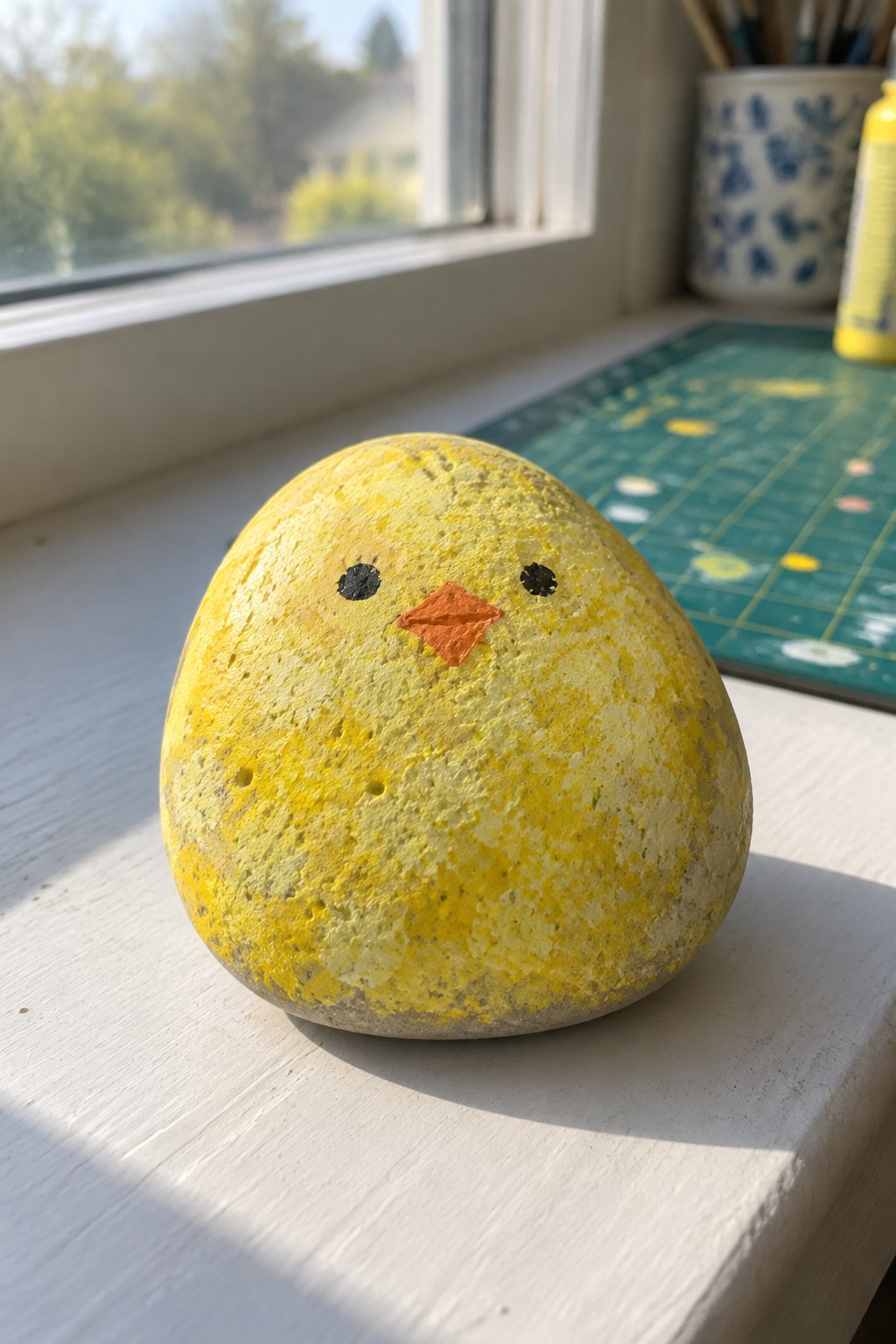 Yellow painted rock chick with orange beak on sunny white windowsill