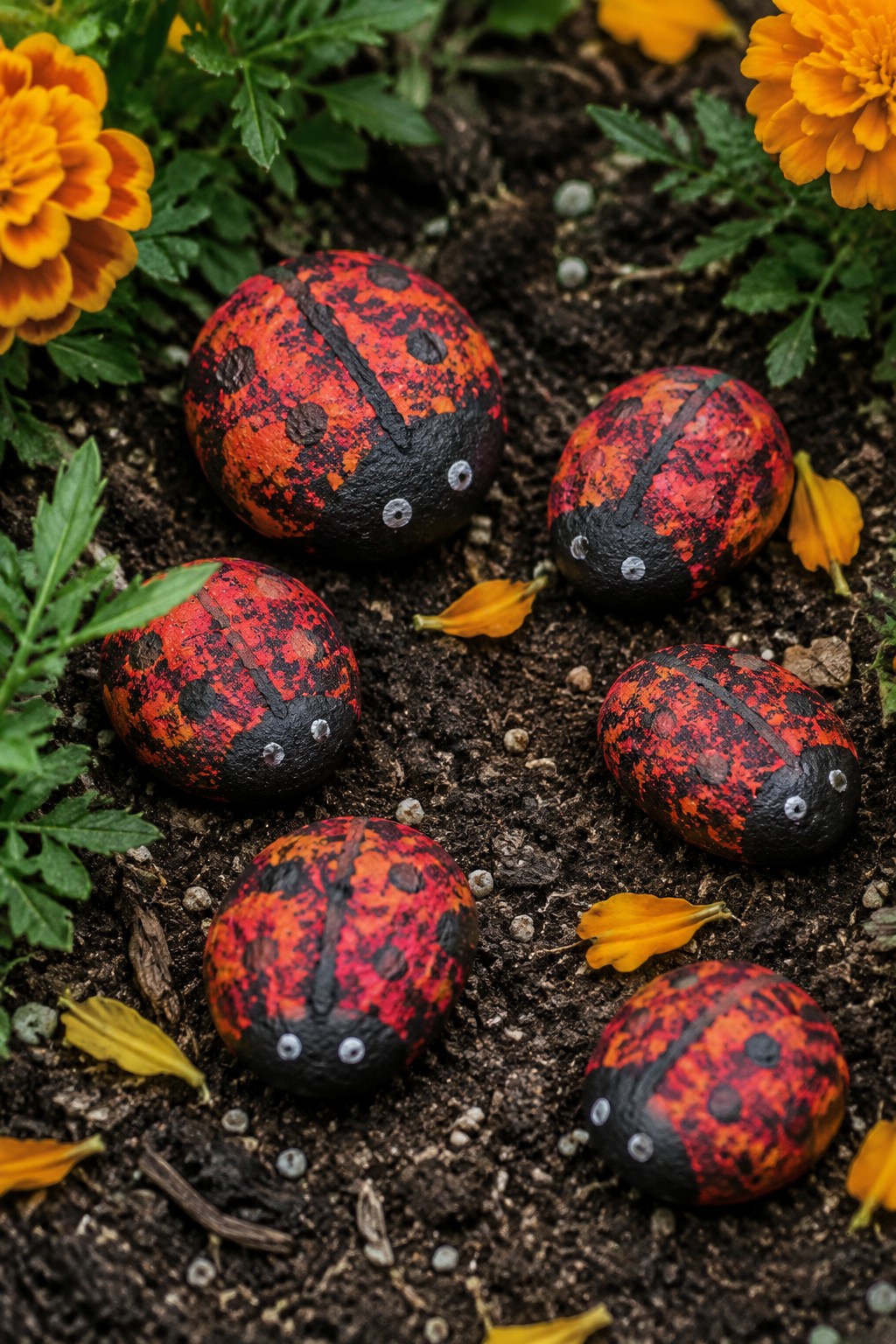 Five painted ladybug rocks on soil amid orange marigold flowers