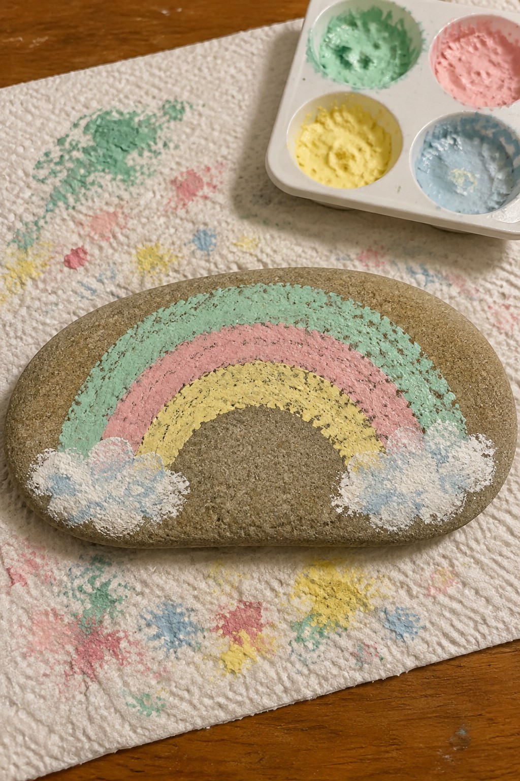 Rainbow-painted rock with clouds on splattered paper towel beside paint palette.