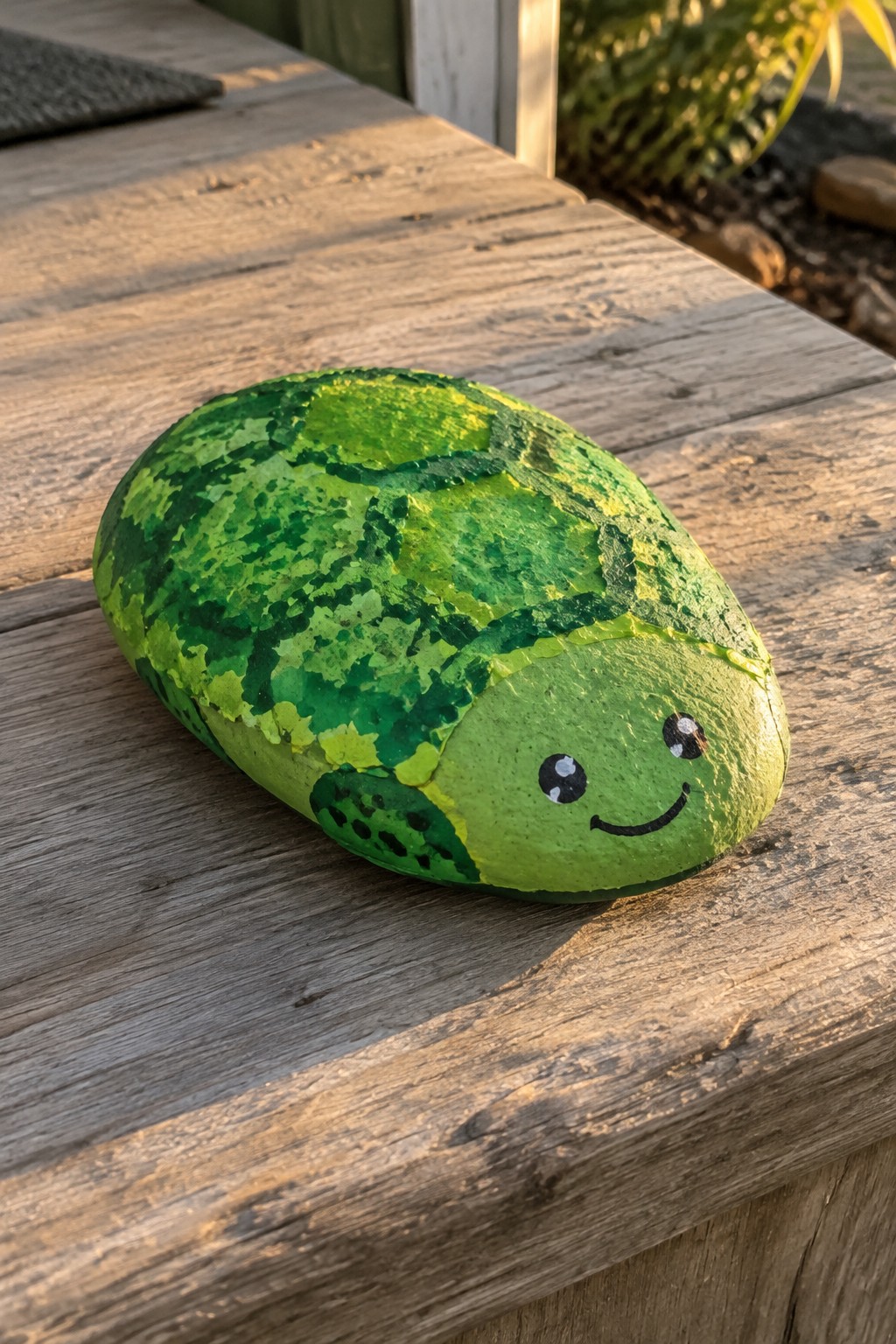 Green painted turtle rock with smiling face on sunlit wooden surface