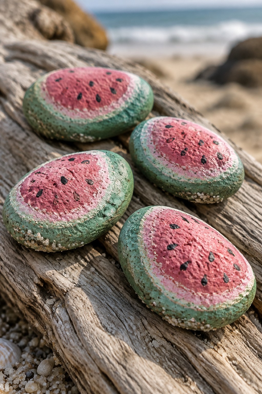 Four oval stones painted as watermelon slices rest on a piece of driftwood at the beach.