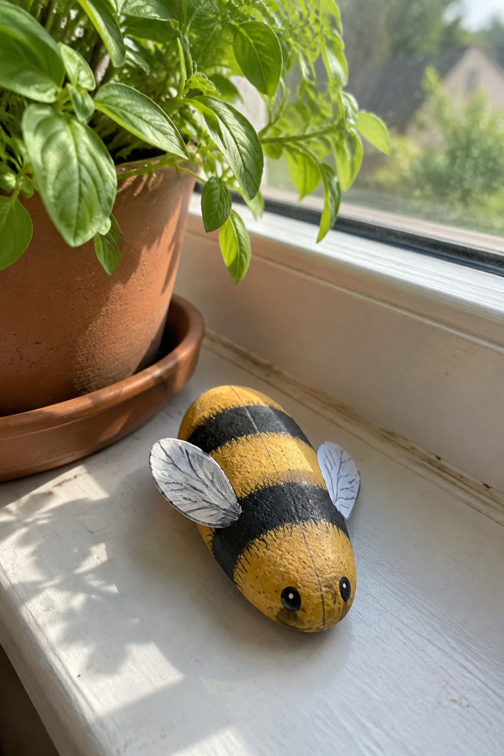 Painted yellow-and-black striped bee rock on white windowsill beside potted plant