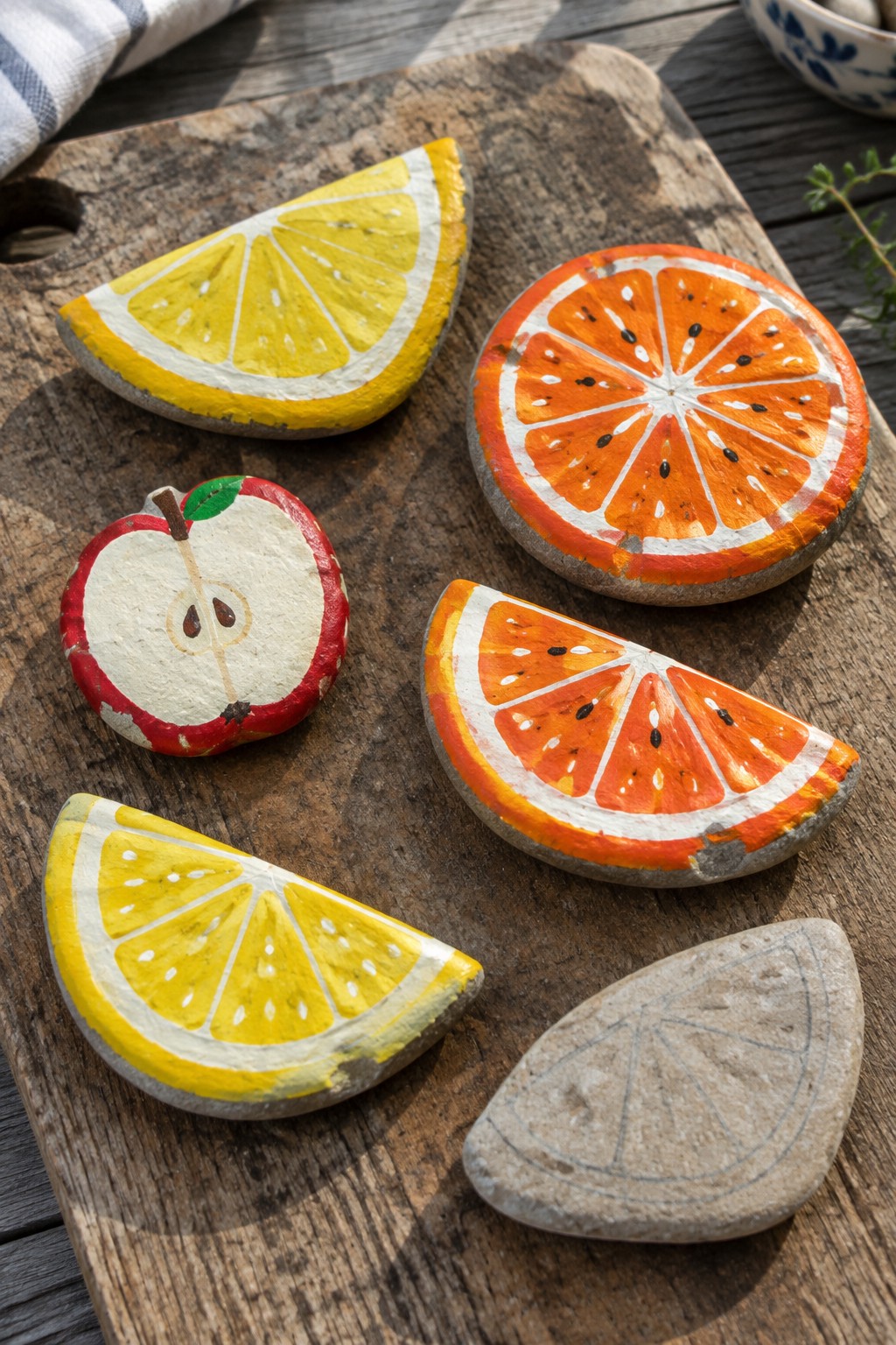 Painted rocks as lemon, orange slices and apple half on wooden board