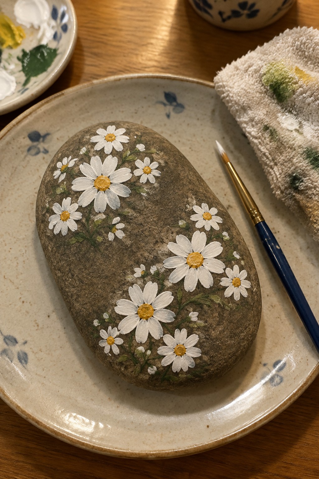 Rock with white daisies on a blue-patterned plate beside a paintbrush