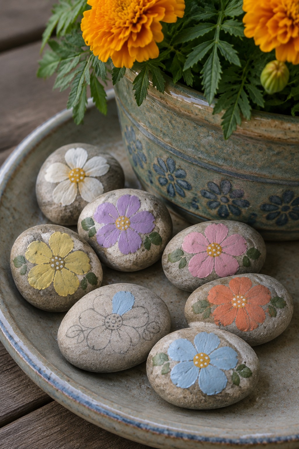 Colorful flower-painted rocks on a ceramic tray beside potted orange marigolds.