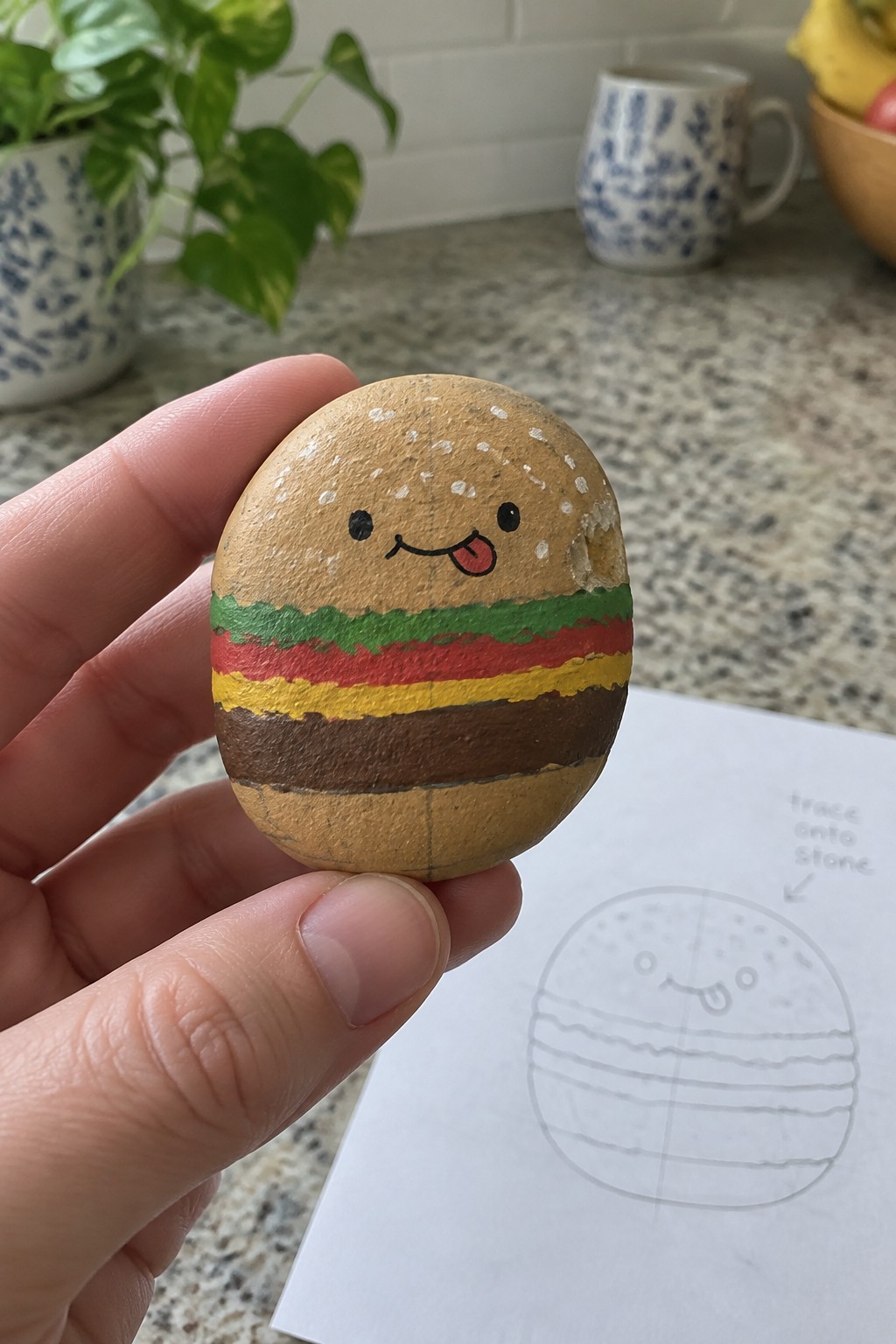 Hand holding painted rock as cute hamburger with sesame bun, layers, and tongue out
