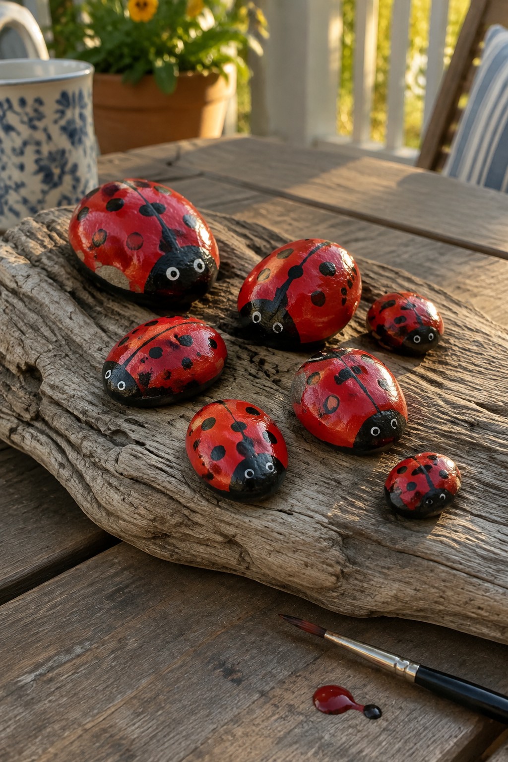 Red and black painted ladybug rocks on driftwood with paintbrush on table