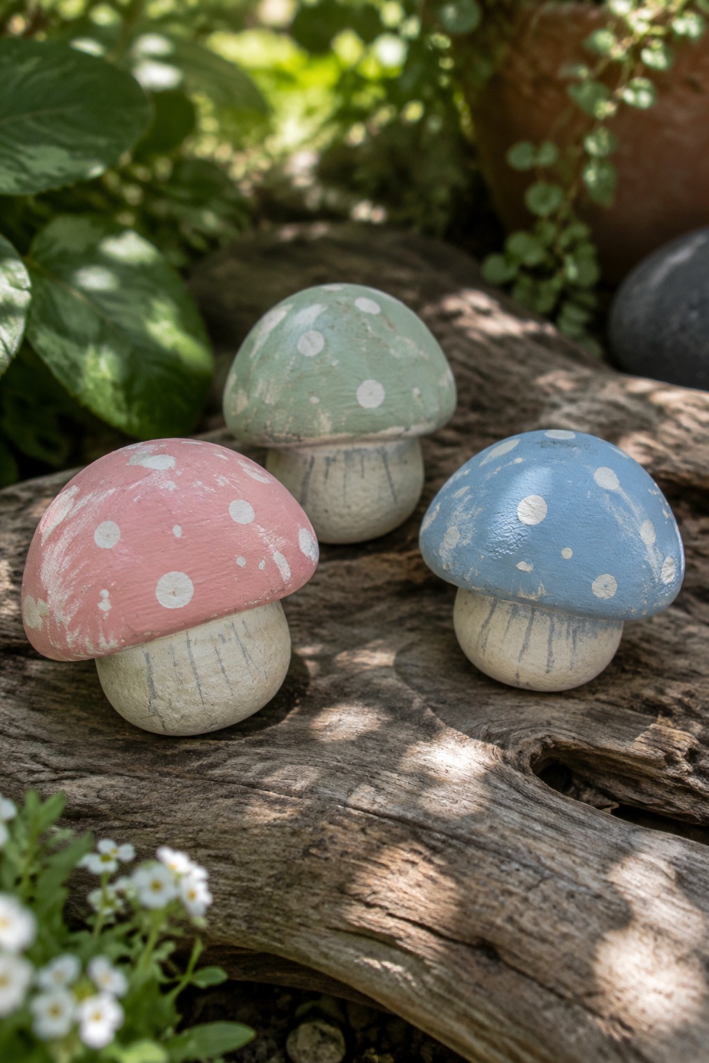 Three colorful painted mushrooms with white spots on weathered garden wood