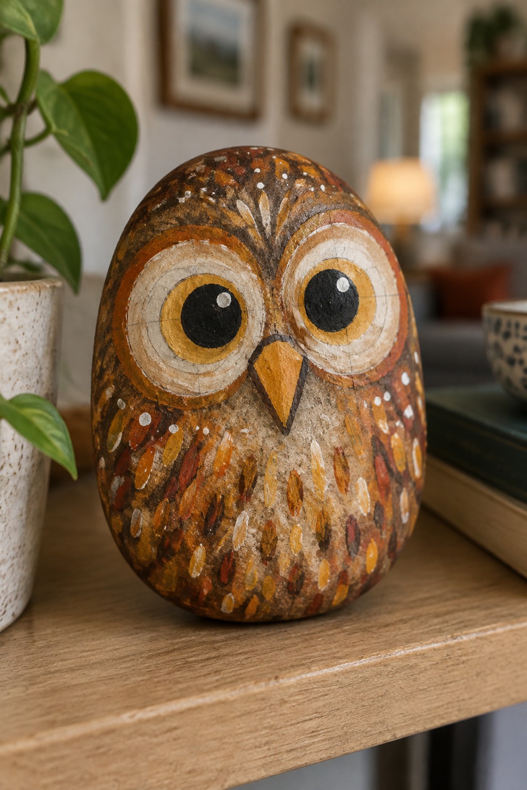 Colorful hand-painted owl rock with big eyes on wooden table in home setting
