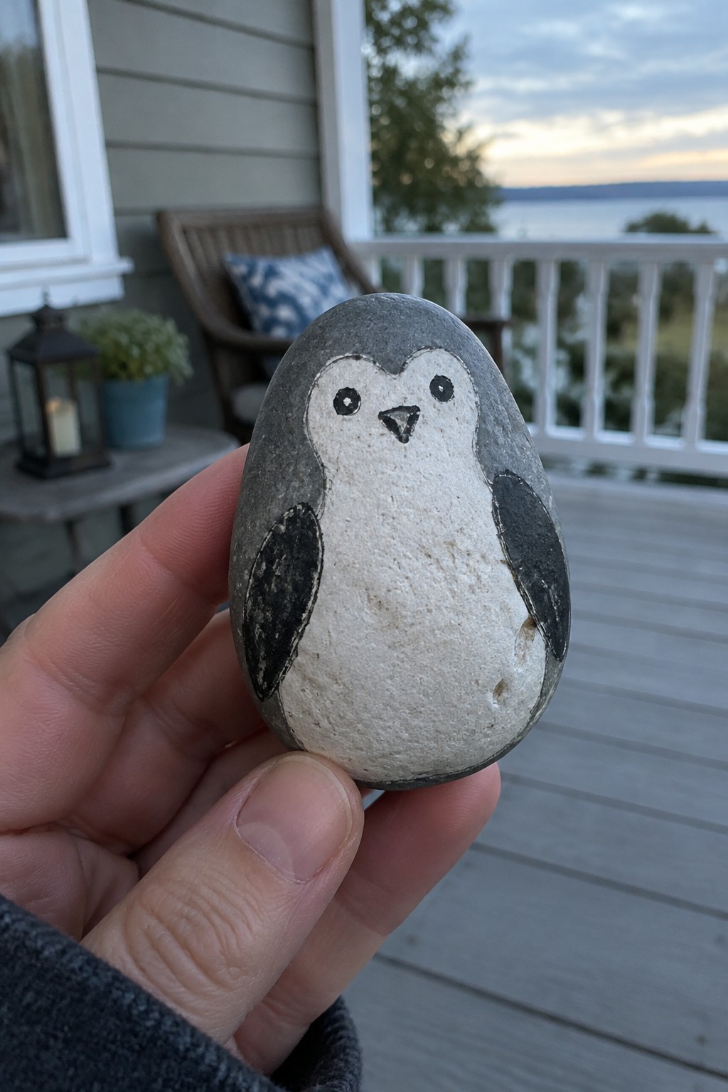 Hand holding oval rock painted as penguin with white belly and black wings on deck