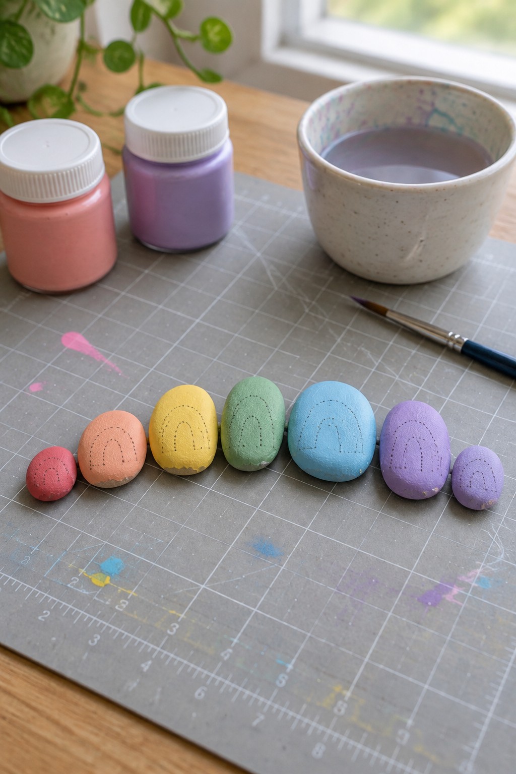 Colorful painted rocks with rainbow designs on a gray cutting mat beside paint supplies.