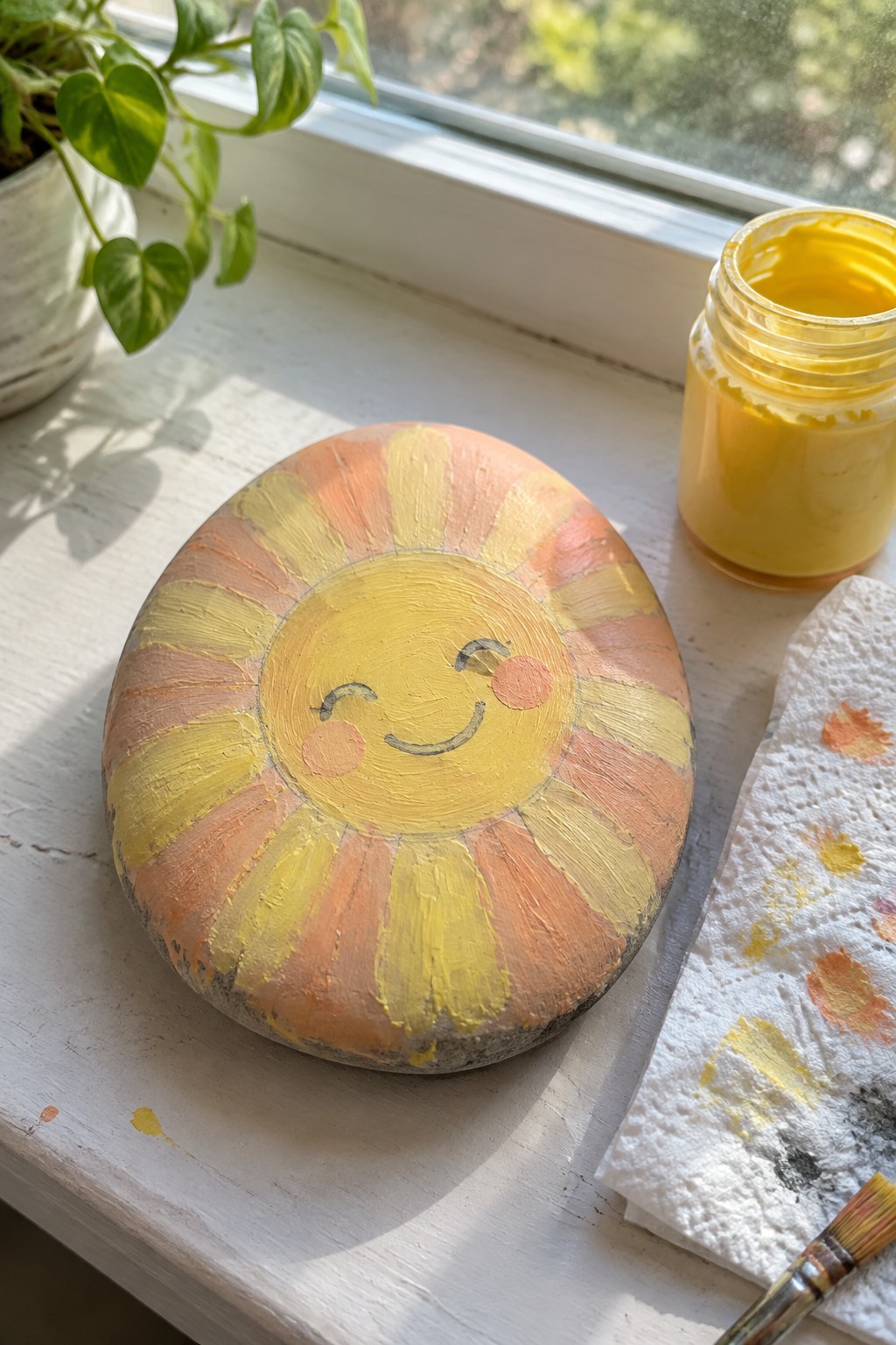 Smiling sun painted on rock beside yellow paint jar on sunny windowsill
