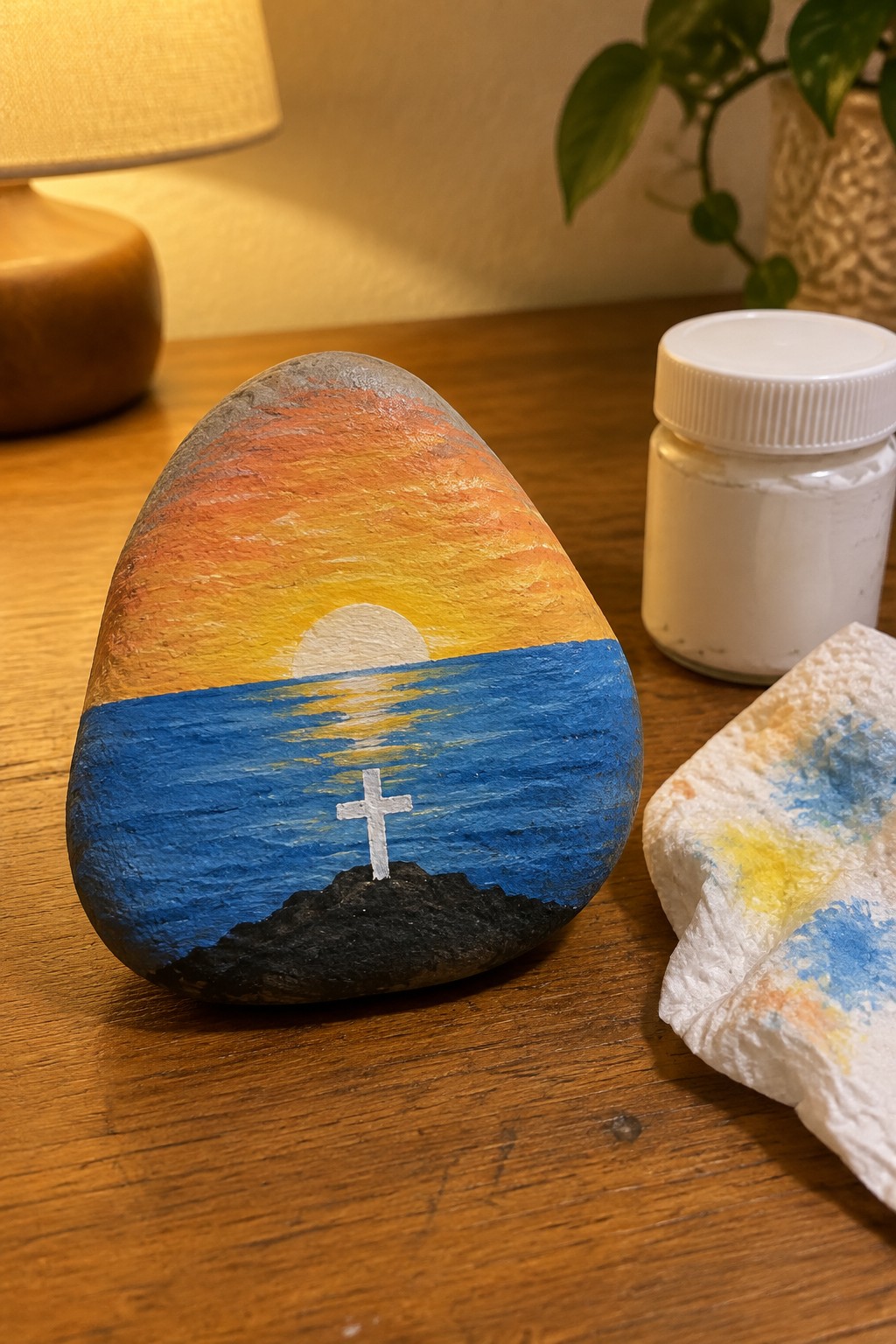 Painted rock showing orange sunset, blue ocean, white sun, and cross on shore