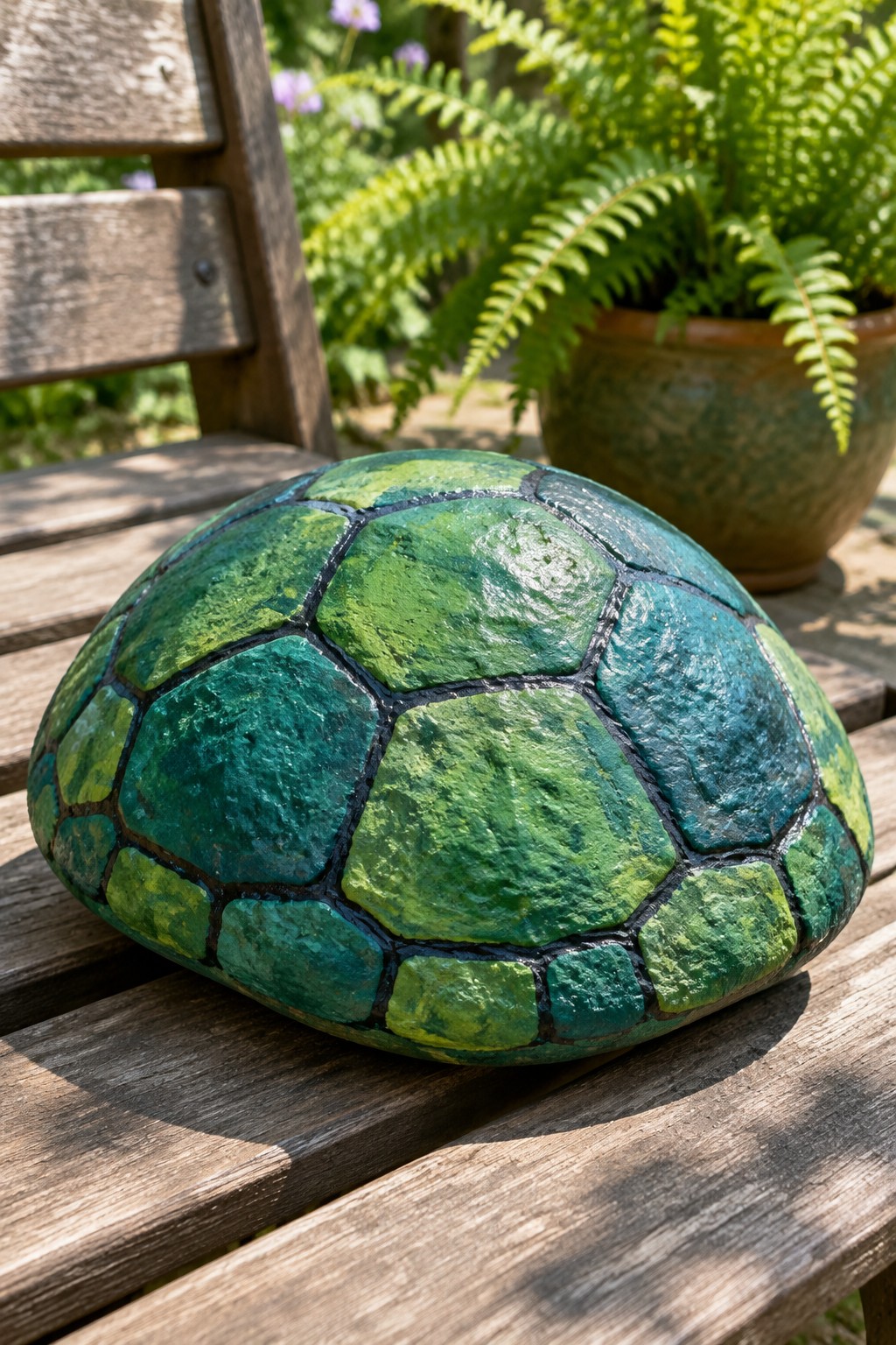 Green and blue turtle shell painted rock on wooden bench with fern plant