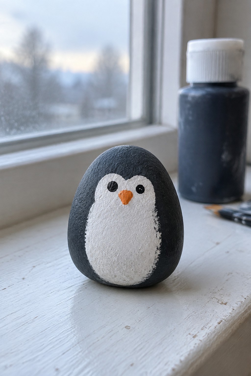 Painted rock penguin with black body, white belly, and orange beak on windowsill beside paint bottle