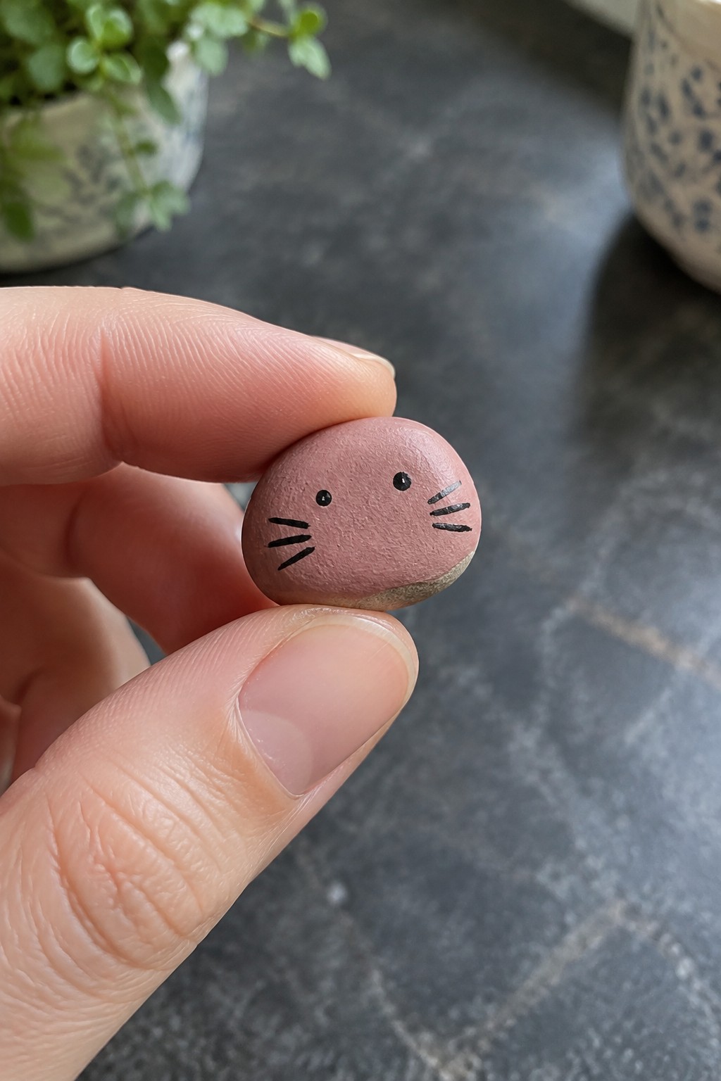 Hand holding small pink pebble painted with black cat eyes and whiskers
