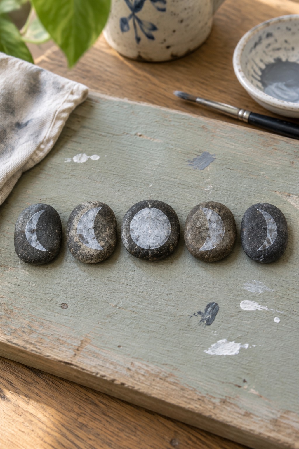 Moon phase stones painted white on green wooden board with paintbrush and bowl