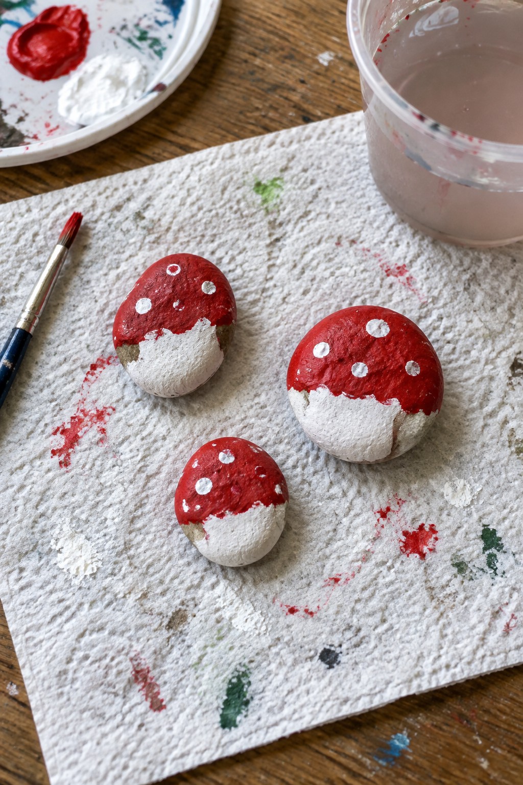 Three red-and-white mushroom rocks on paint-splattered paper towel with supplies nearby.