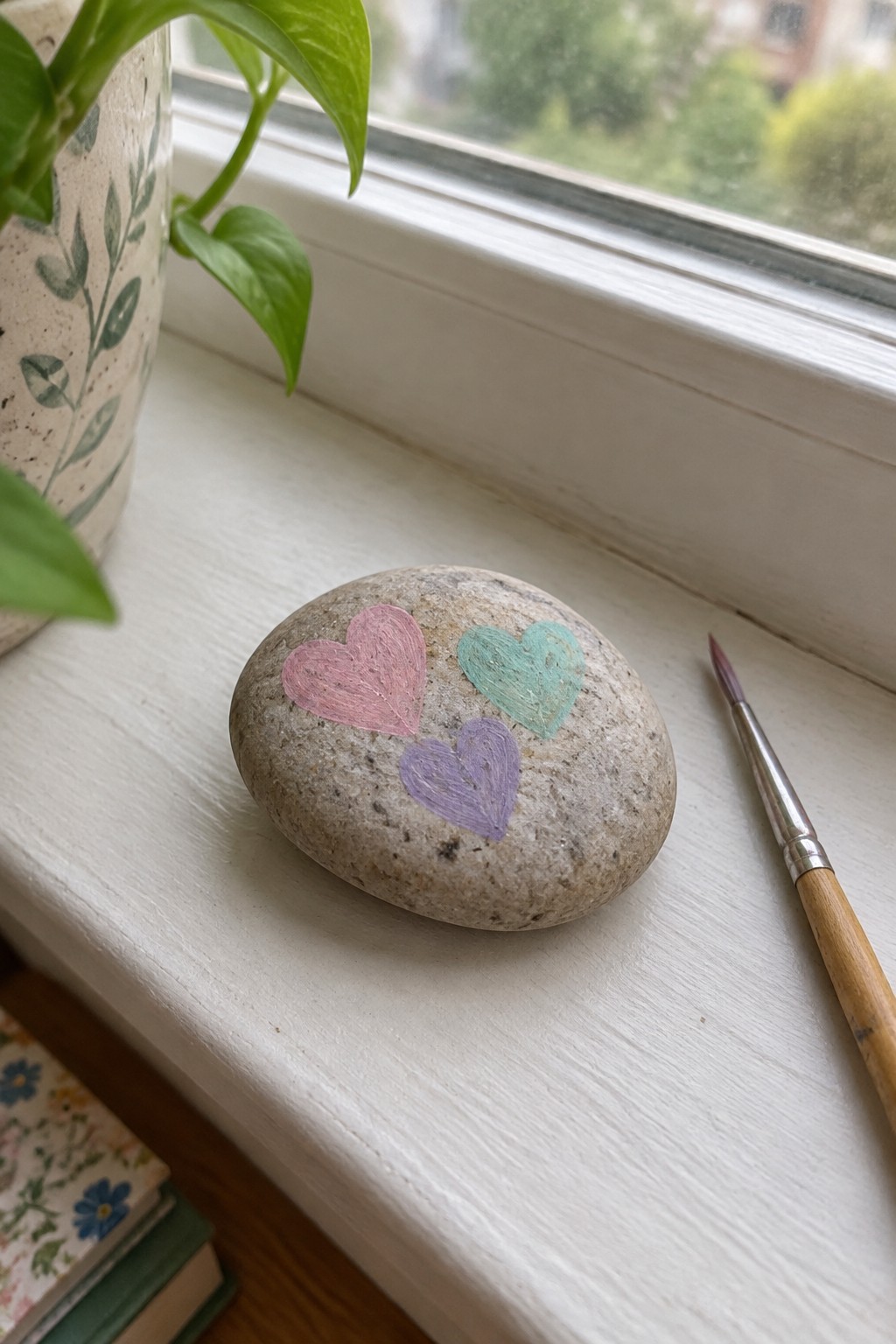A smooth rounded stone with three small hearts painted in pink, teal, and purple sits on a white windowsill next to a paintbrush and a potted plant.