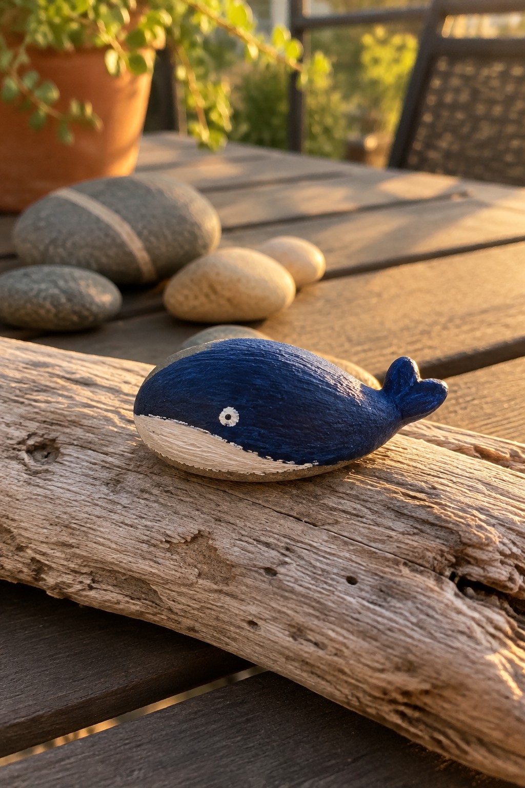 Blue whale painted rock with white belly on driftwood atop wooden table