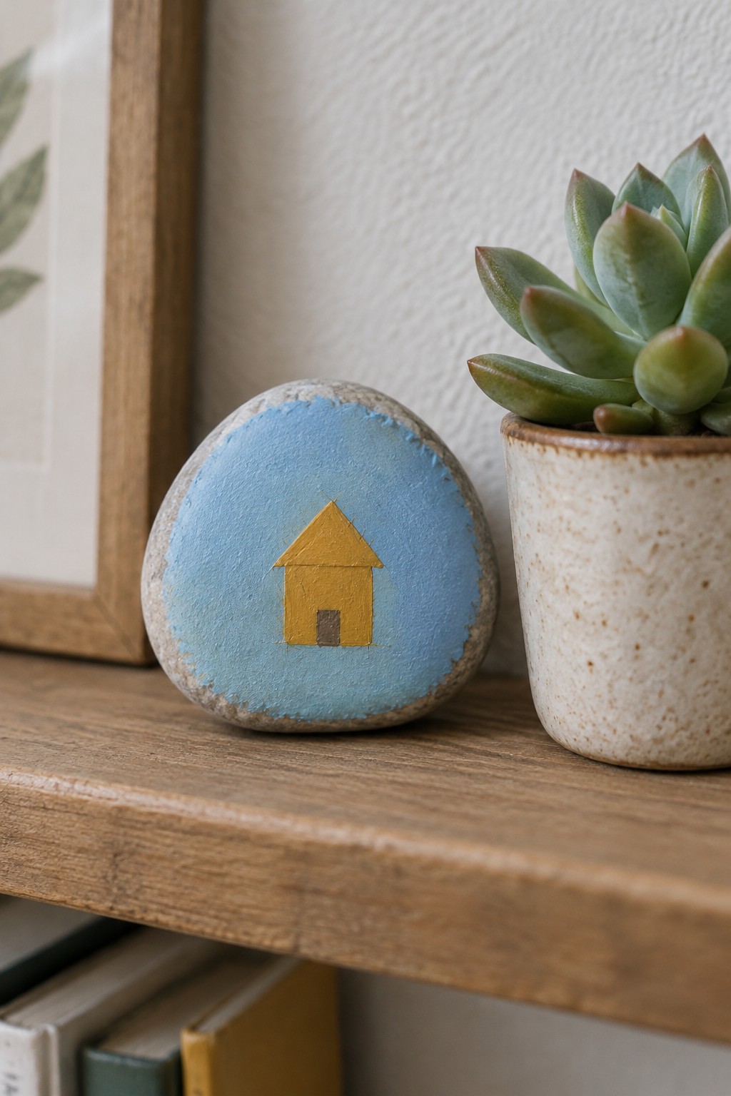 Painted rock with yellow house on blue beside potted green succulent on shelf