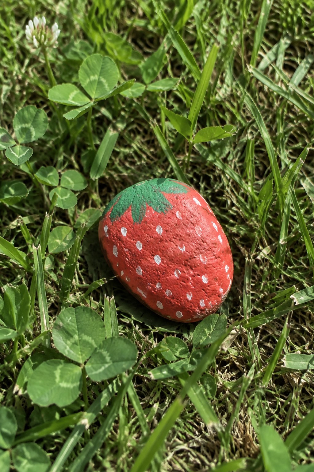 Painted red strawberry rock with white dots and green leaves in grass