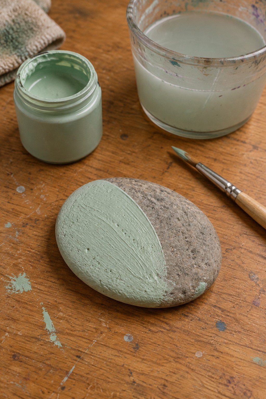Partially painted stone with green paint jar, brush, and container on wooden table