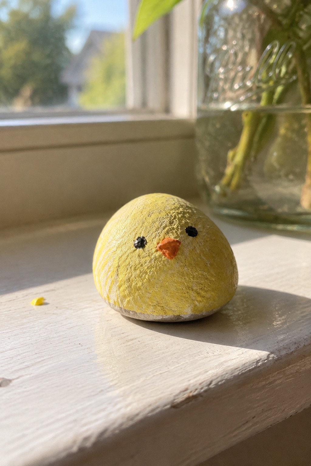 Yellow painted rock chick with orange beak on sunny white windowsill