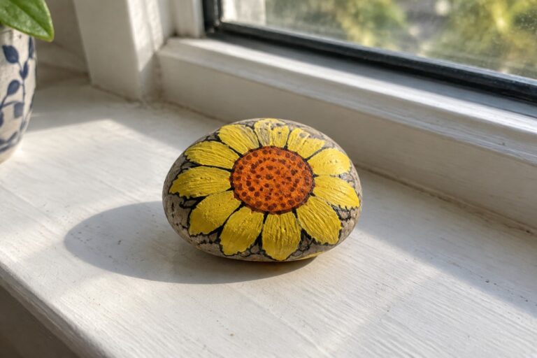 Yellow sunflower-painted rock on white windowsill beside potted plant