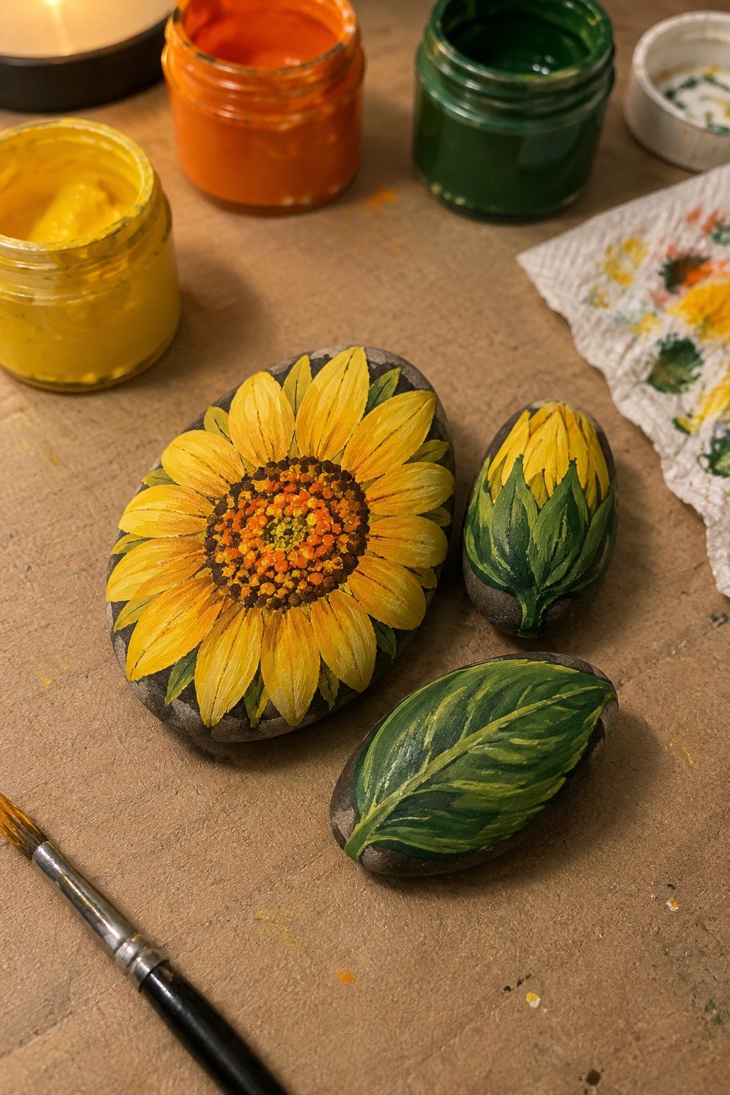 Painted rocks with sunflower, leaf, and bud beside open paint jars and brush.