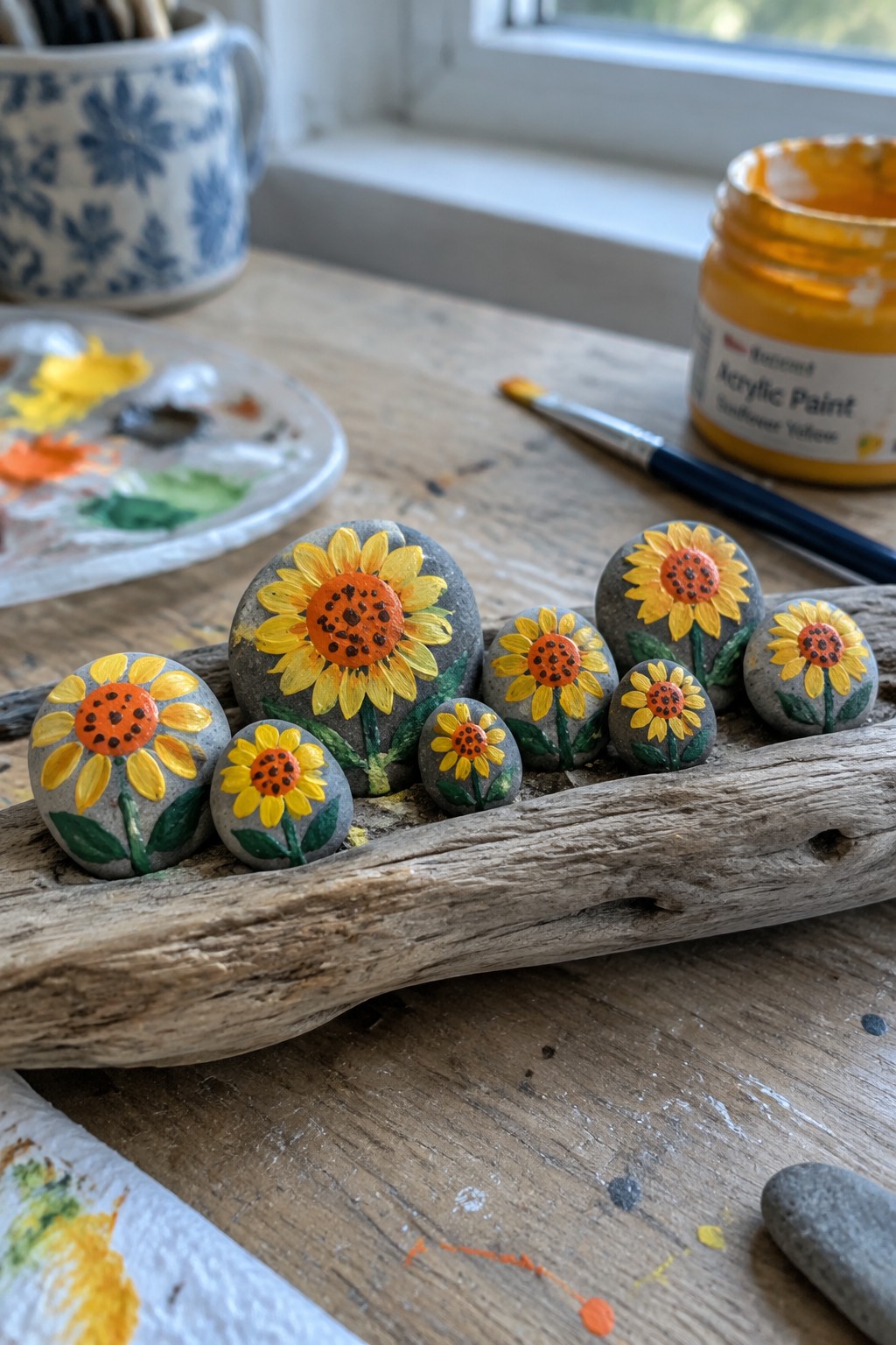Sunflower-painted rocks on driftwood beside yellow acrylic paint jar and brush.