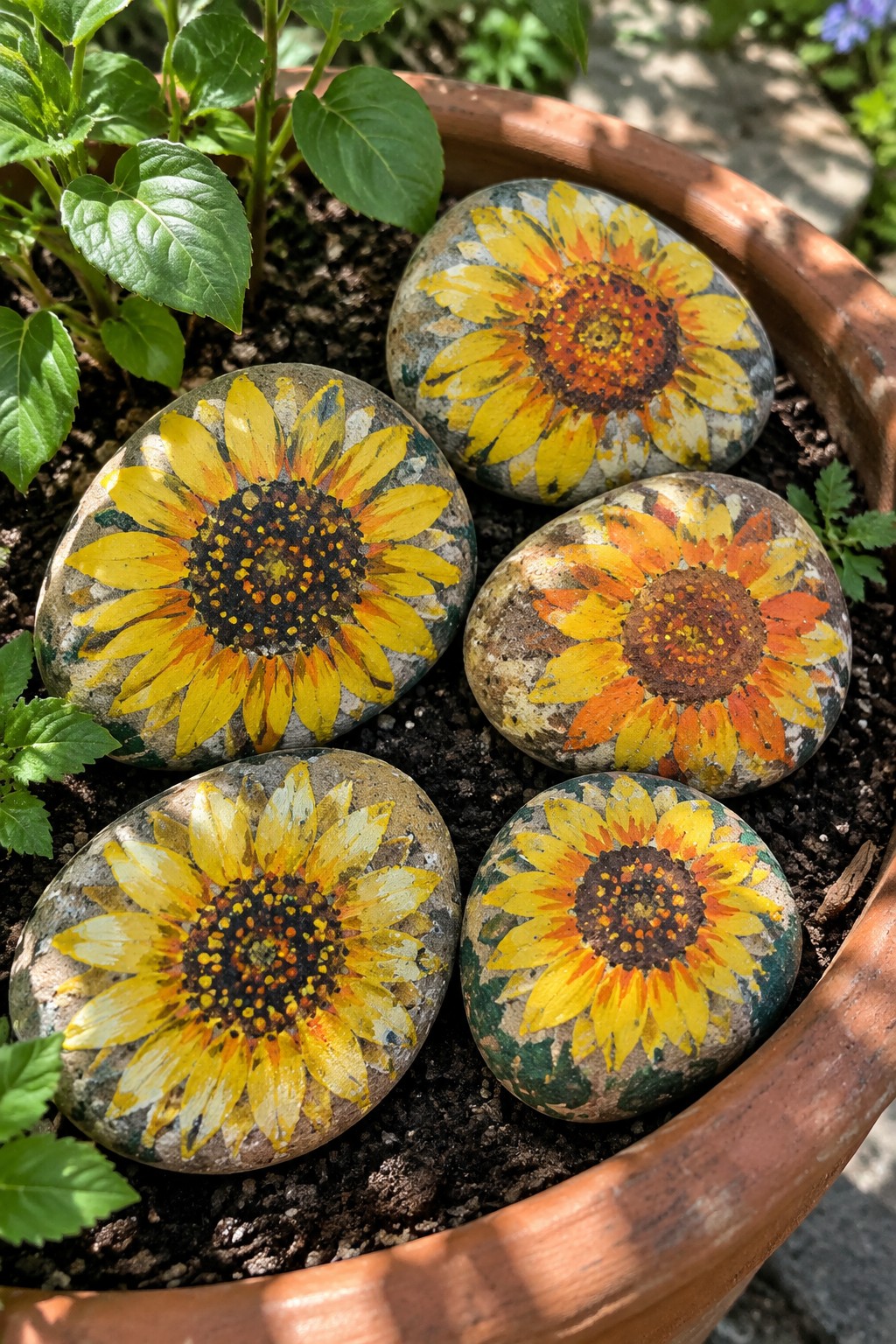 Five rocks painted with vibrant sunflowers in a soil-filled terracotta pot with plants.