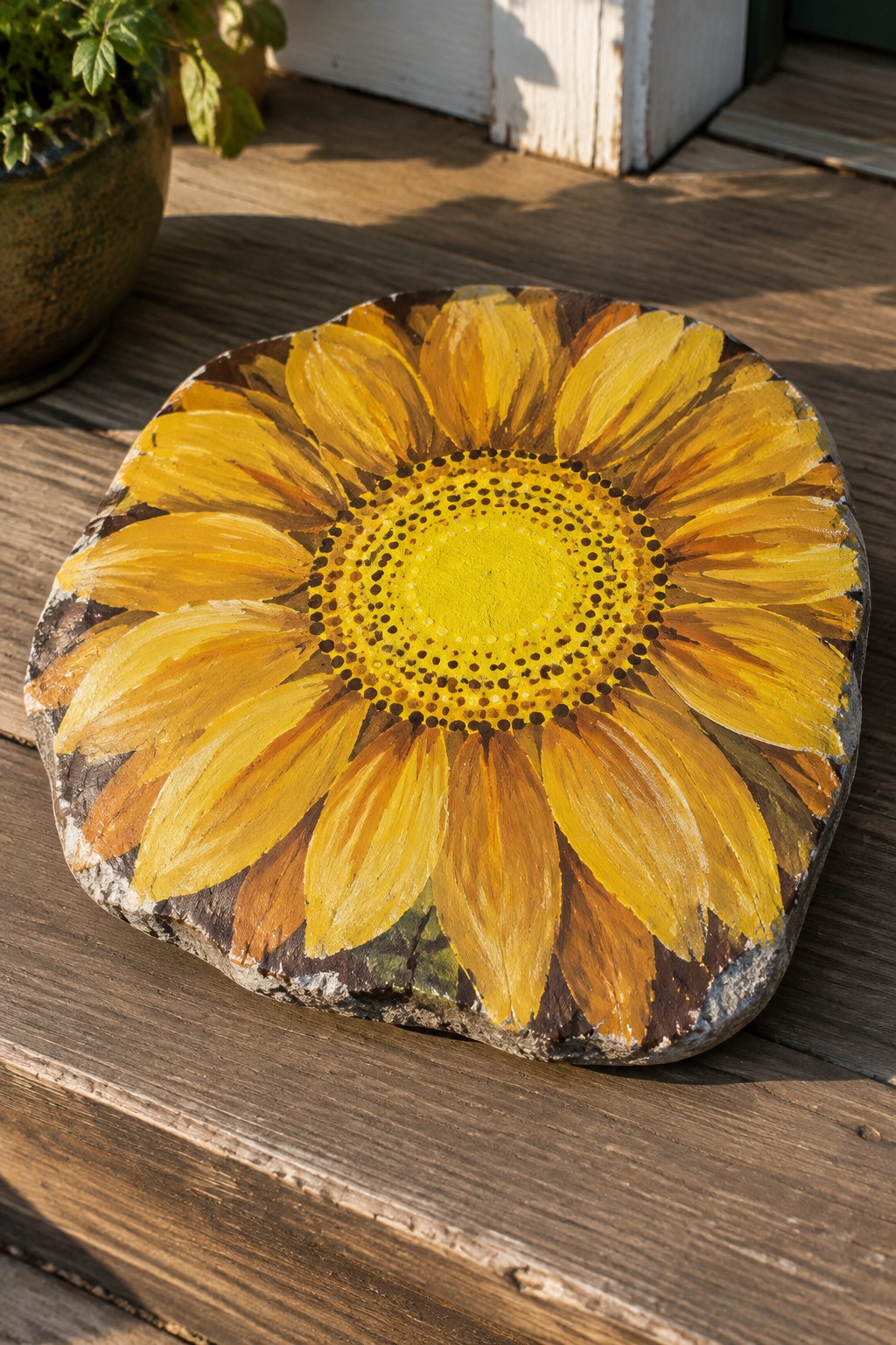Sunflower with yellow petals and dotted brown center painted on stone slab.