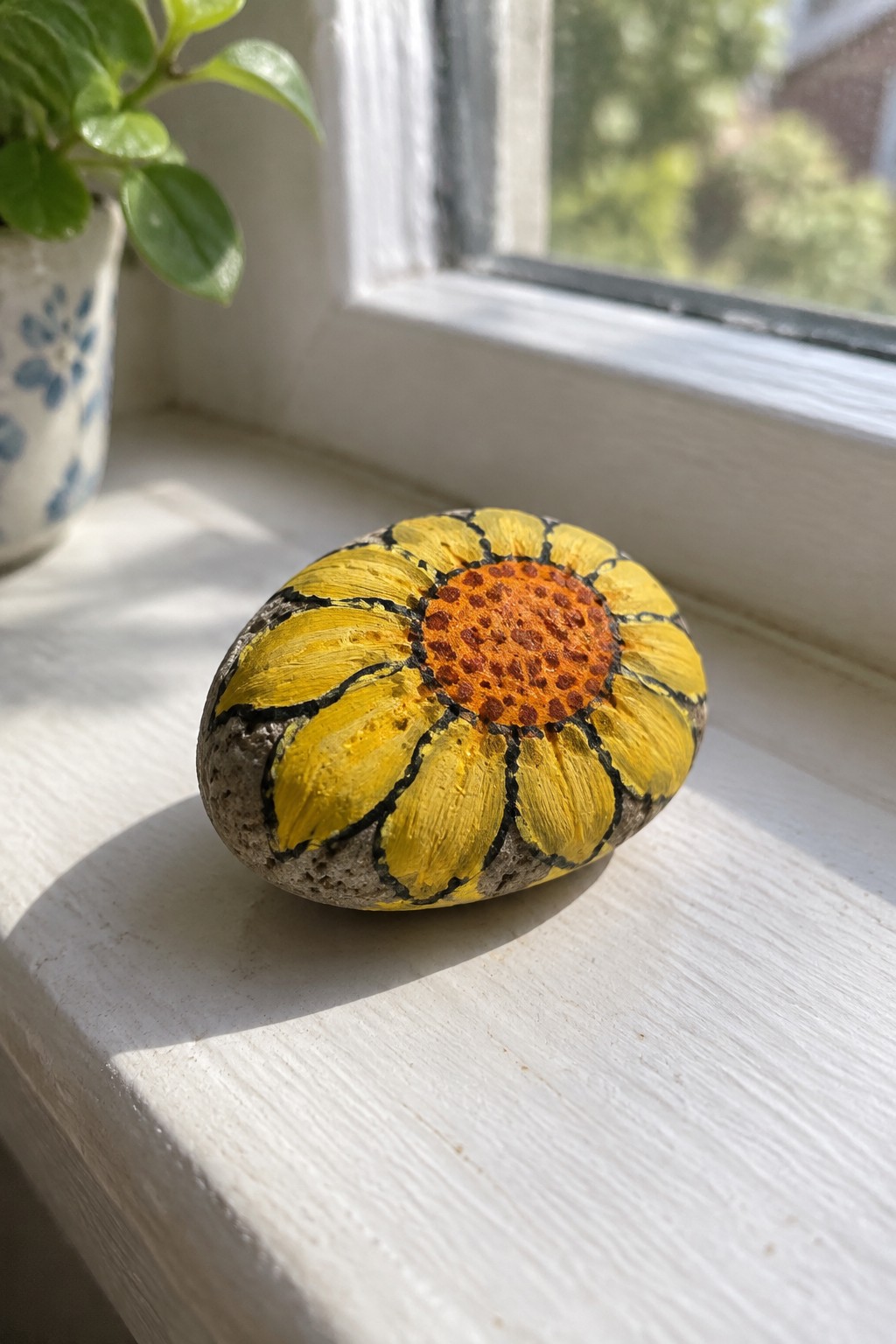 Yellow sunflower-painted rock on white windowsill beside potted plant