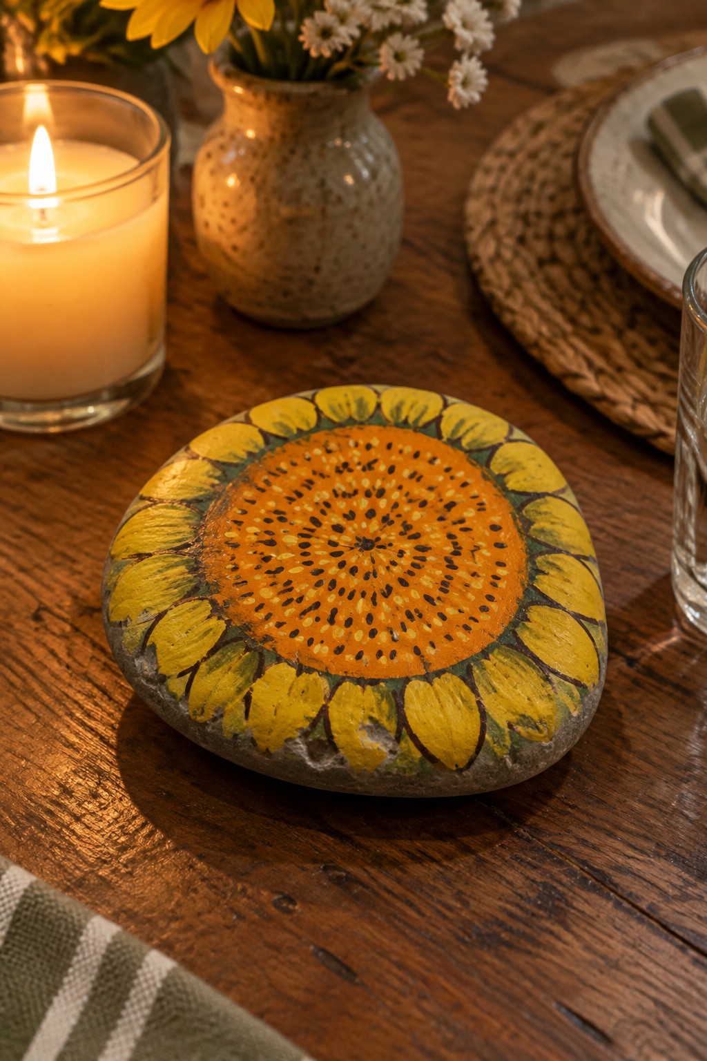 Painted sunflower stone on wooden table beside lit candle and floral vase