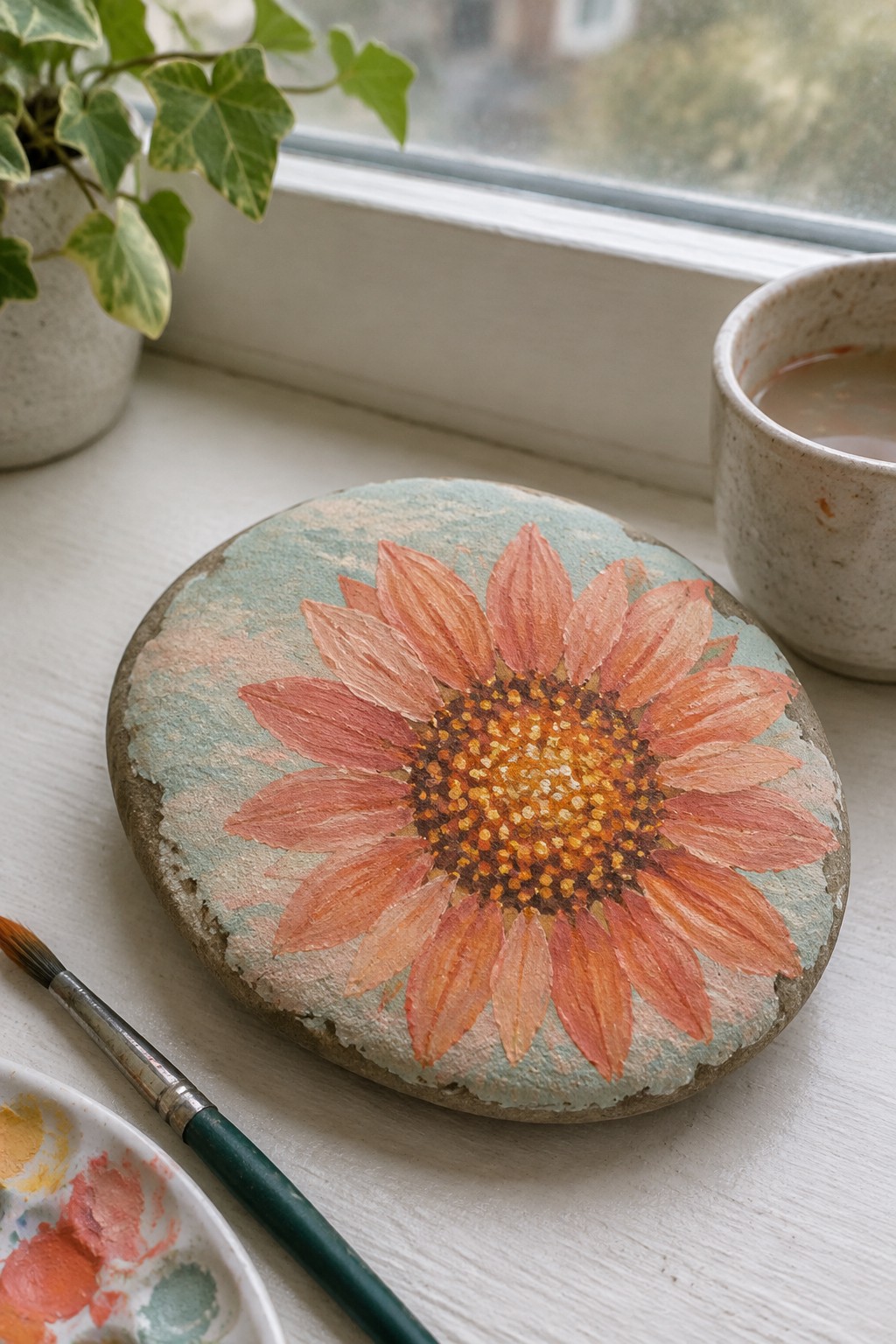 Painted stone sunflower with orange petals on windowsill near paintbrush and cup