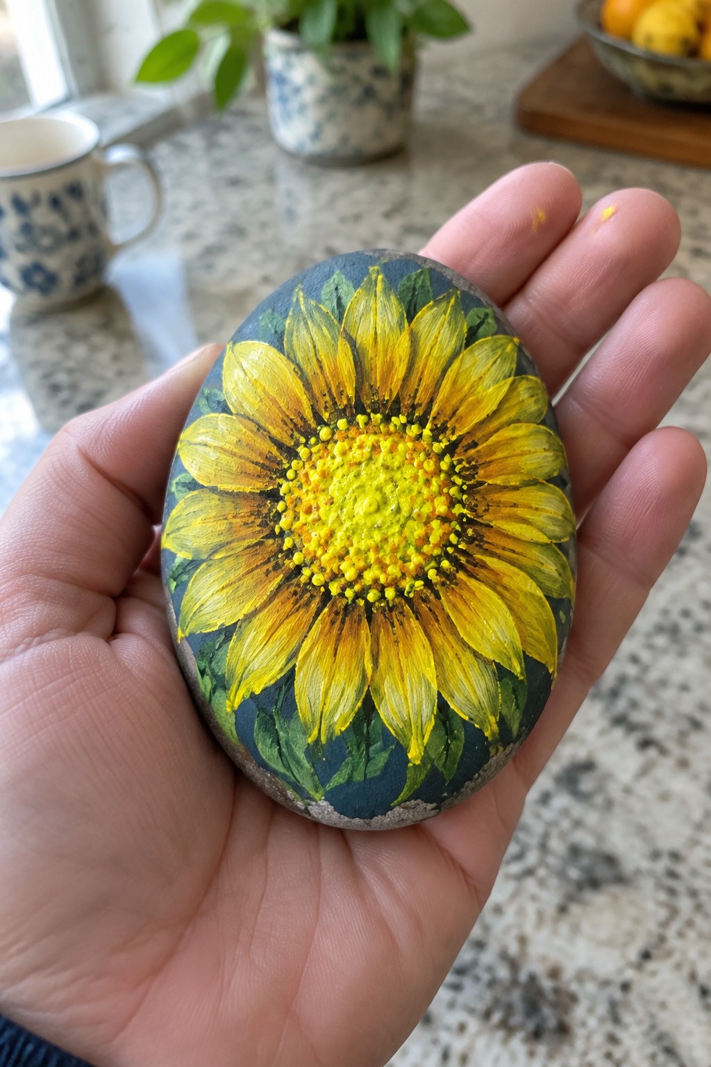 Hand holding oval rock painted with yellow sunflower, green leaves on dark background