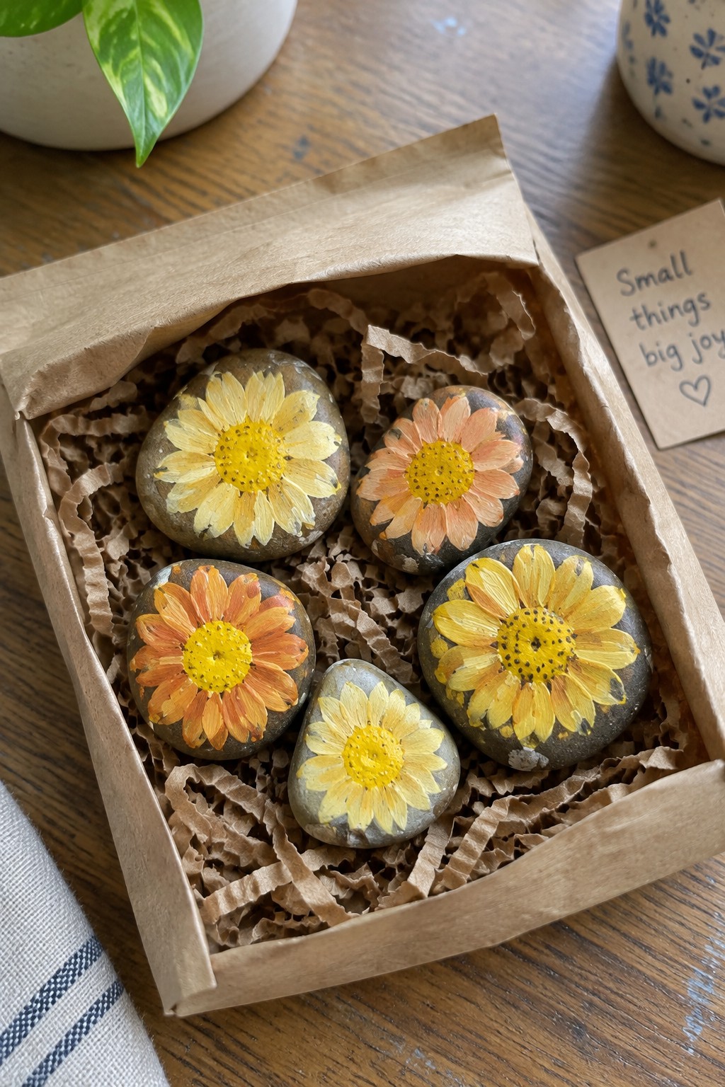 Sunflower-painted rocks in yellow and orange inside an open kraft paper box with shredded filler.