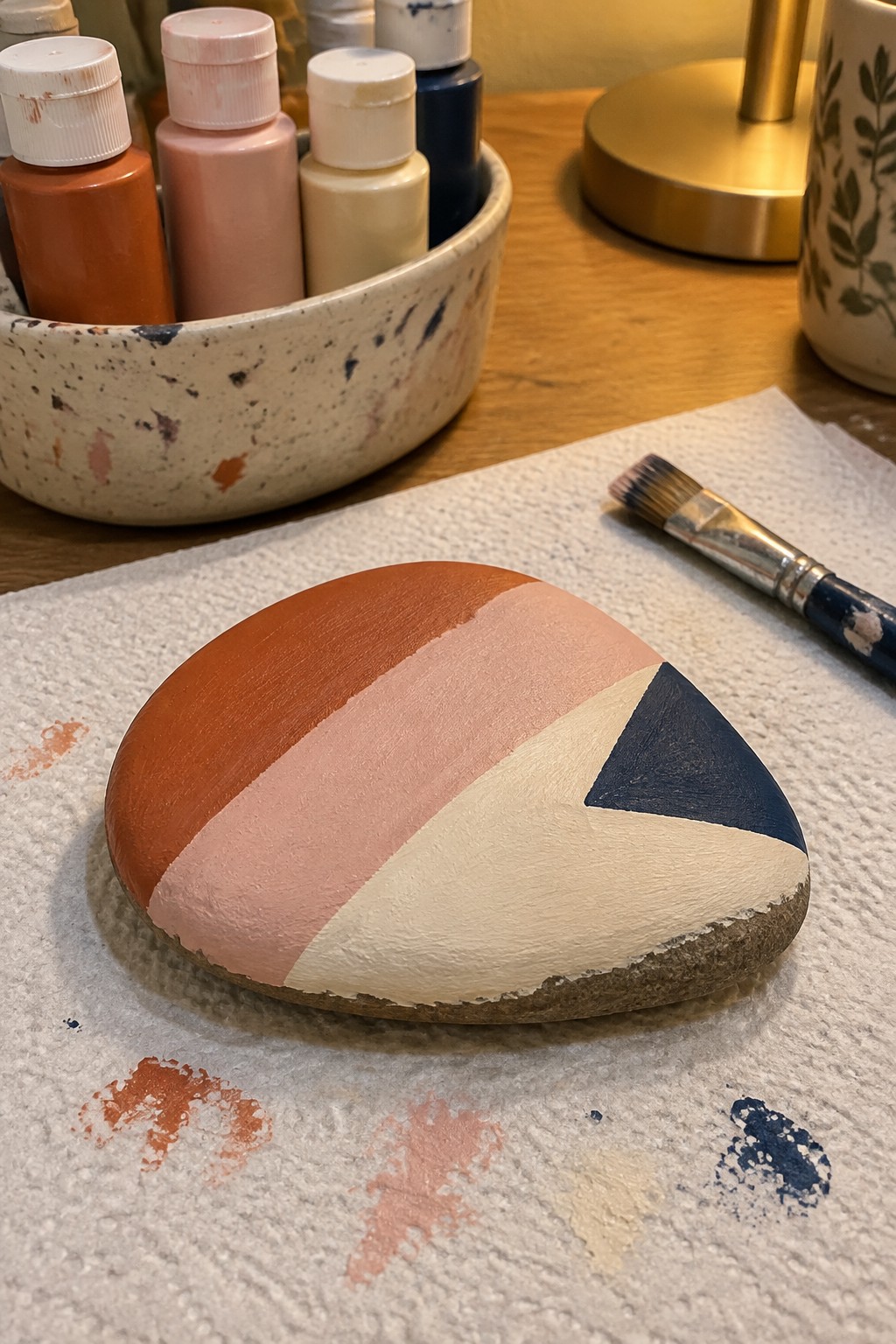Painted rock with terracotta, pink, beige stripes and navy triangle on paper towel